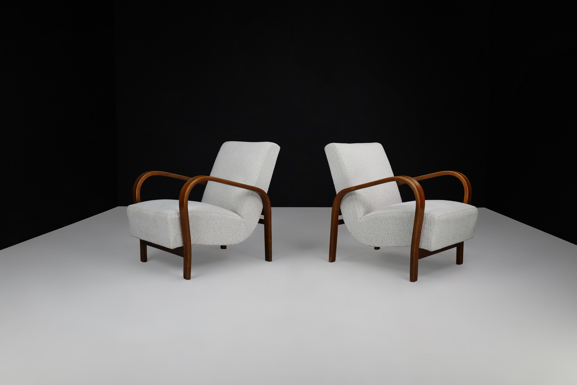 Mid century modern Karel Koželka & Antonín Kropácek Bentwood Armchairs in Re-Upholstered in Bouclé, 1950s Mid-20th century