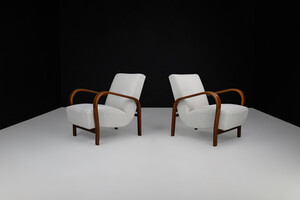 Mid century modern Karel Koželka & Antonín Kropácek Bentwood Armchairs in Re-Upholstered in Bouclé, 1950s Mid-20th century