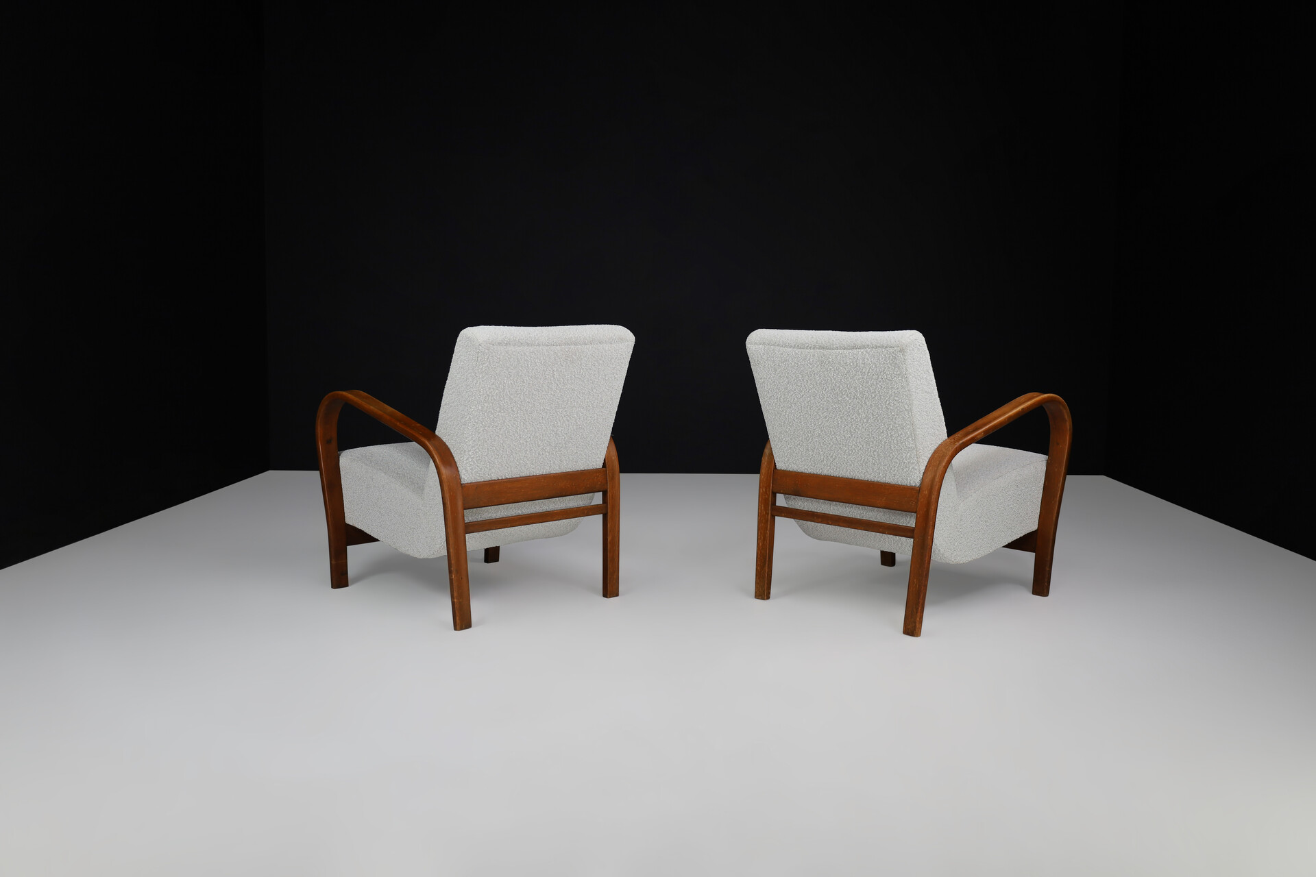 Mid century modern Karel Koželka & Antonín Kropácek Bentwood Armchairs in Re-Upholstered in Bouclé, 1950s Mid-20th century