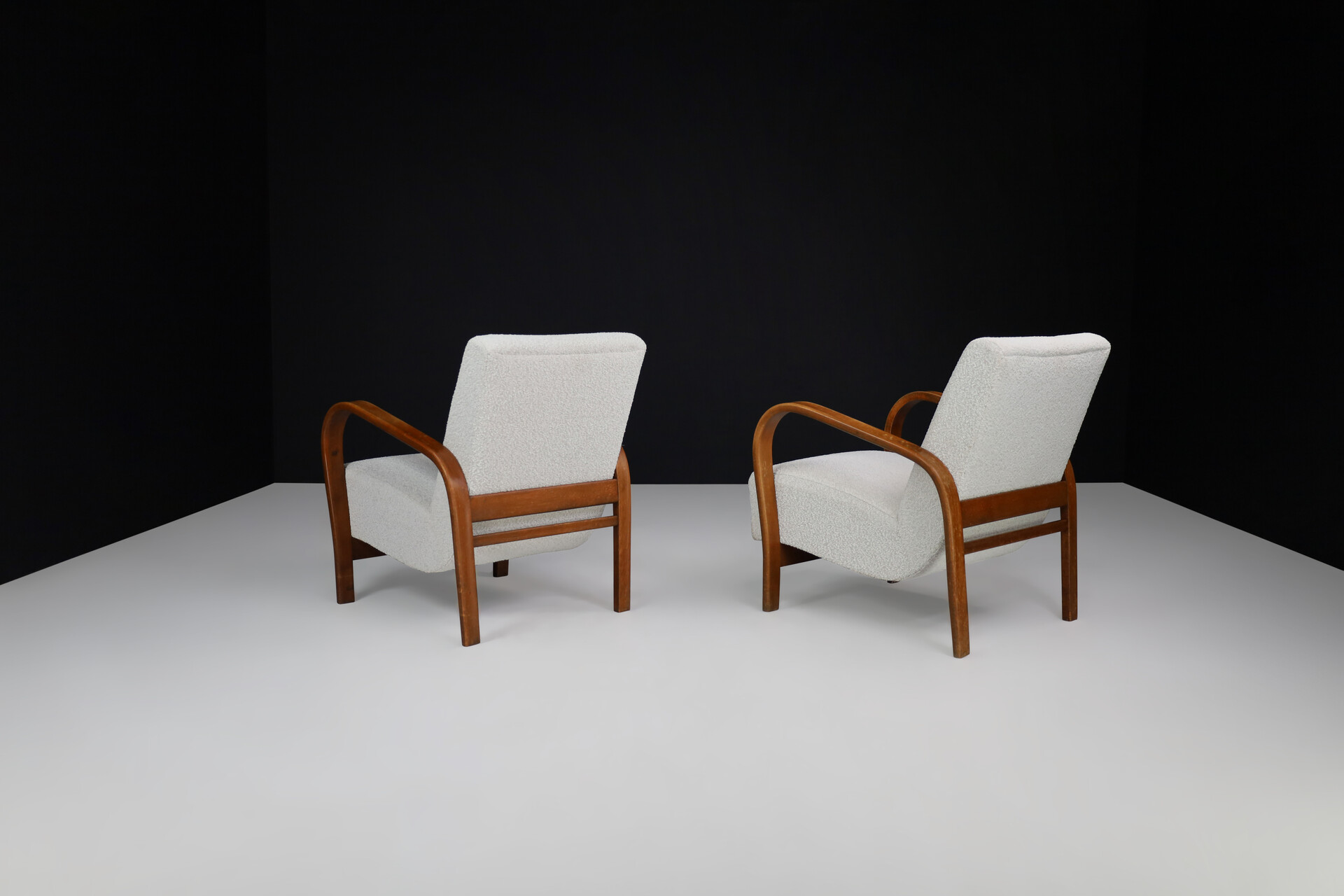 Mid century modern Karel Koželka & Antonín Kropácek Bentwood Armchairs in Re-Upholstered in Bouclé, 1950s Mid-20th century