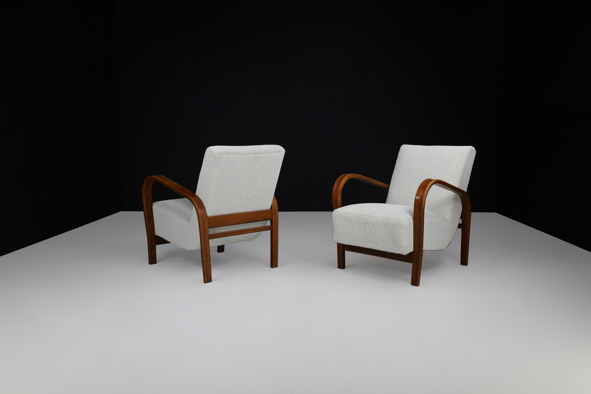Mid century modern Karel Koželka & Antonín Kropácek Bentwood Armchairs in Re-Upholstered in Bouclé, 1950s Mid-20th century