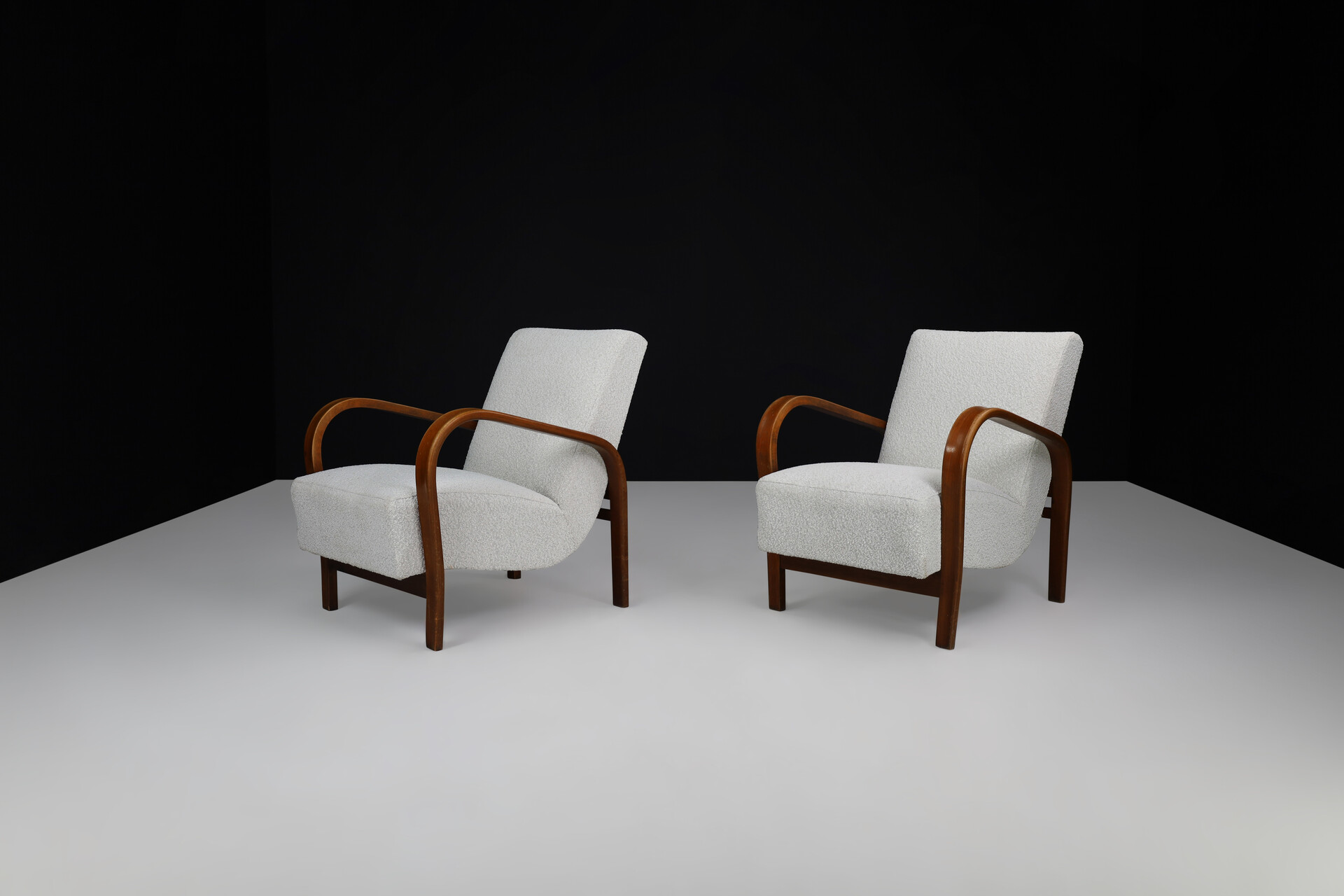 Mid century modern Karel Koželka & Antonín Kropácek Bentwood Armchairs in Re-Upholstered in Bouclé, 1950s Mid-20th century