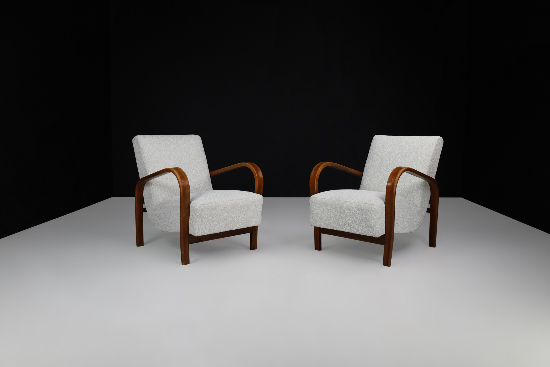 Mid century modern Karel Koželka & Antonín Kropácek Bentwood Armchairs in Re-Upholstered in Bouclé, 1950s Mid-20th century