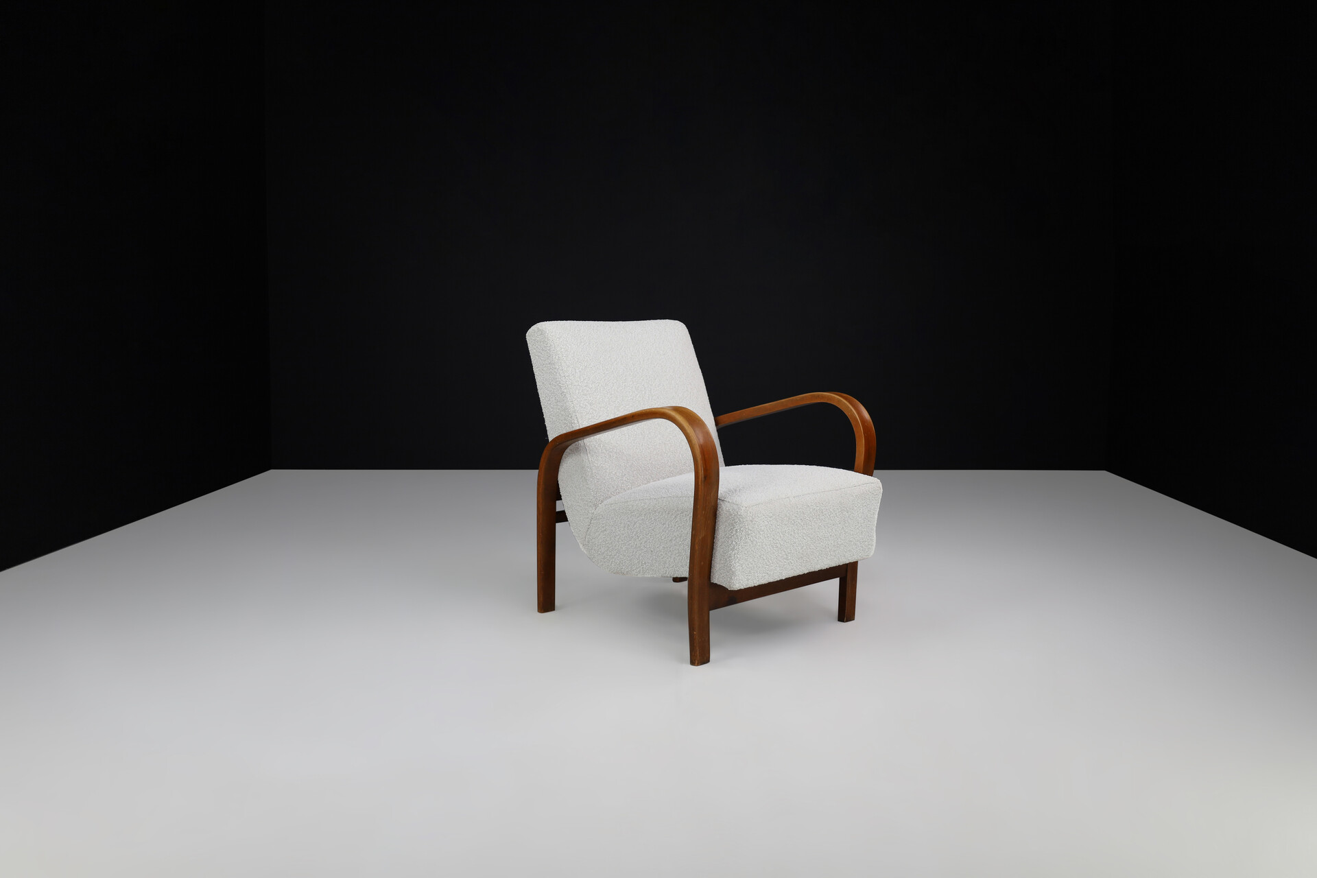 Mid century modern Karel Koželka & Antonín Kropácek Bentwood Armchairs in Re-Upholstered in Bouclé, 1950s Mid-20th century