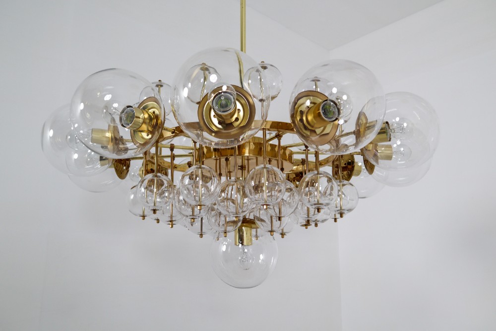Mid century modern Large Hotel Chandelier with Brass Fixture and Hand-Blowed Glass Globes Mid-20th century