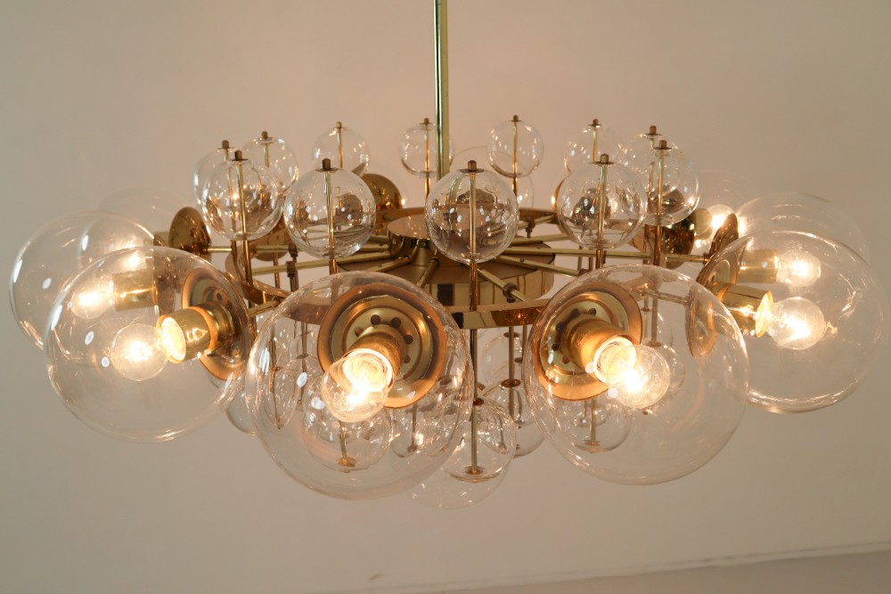 Mid century modern Large Hotel Chandelier with Brass Fixture and Hand-Blowed Glass Globes Mid-20th century