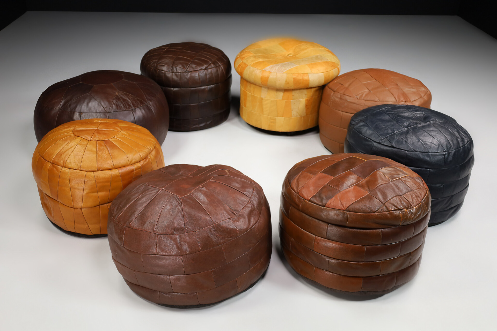 Mid century modern Leather Patchwork Poufs from De Sede, Switzerland 1960s Mid-20th century