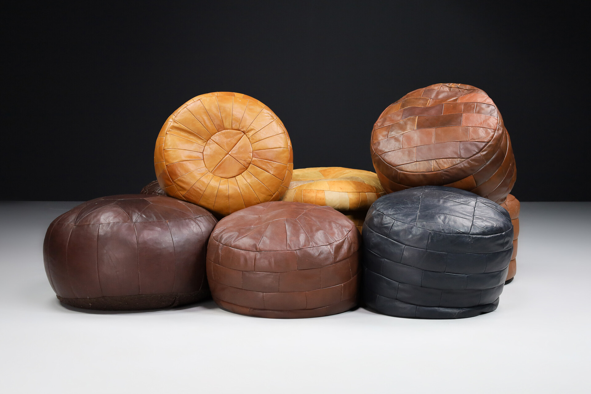 Mid century modern Leather Patchwork Poufs from De Sede, Switzerland 1960s Mid-20th century