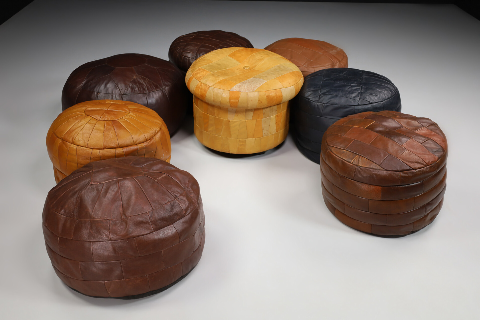 Mid century modern Leather Patchwork Poufs from De Sede, Switzerland 1960s Mid-20th century