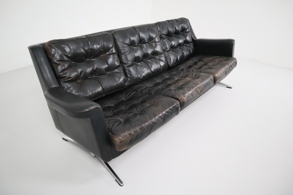 Mid Century Modern Leather Patinated Black 3 Seat Sofa 20th Modernism Items By European Antiques Decorative Seat Sofa Mid 20th Century Modernism, Black Leather Mid Century Sofa