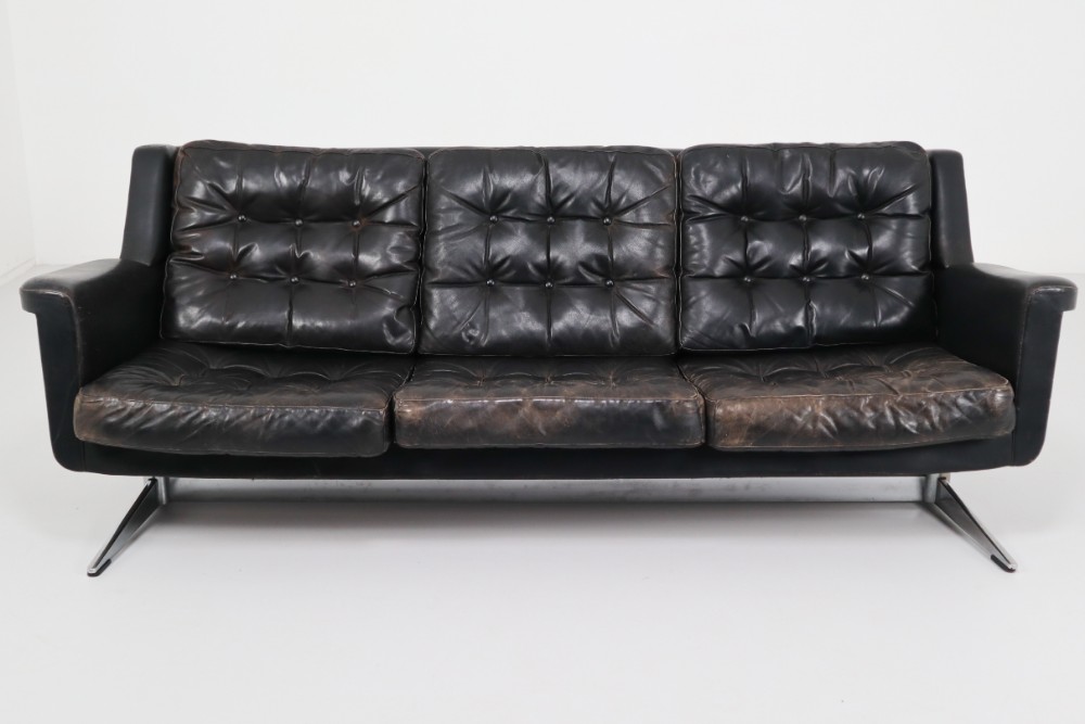 Mid Century Modern Leather Patinated, Black Leather Mid Century Sectional