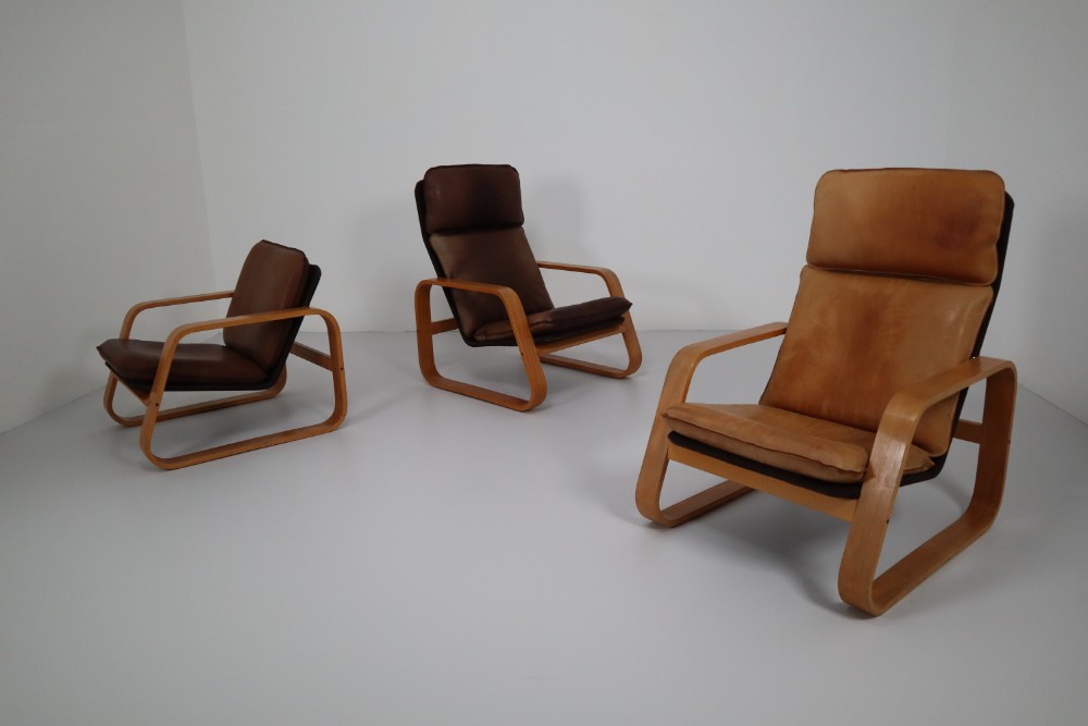Mid century modern Leather Set of Three Lounge Chairs, Patinated Leather and Bentwood, France, 1970s Mid-20th century