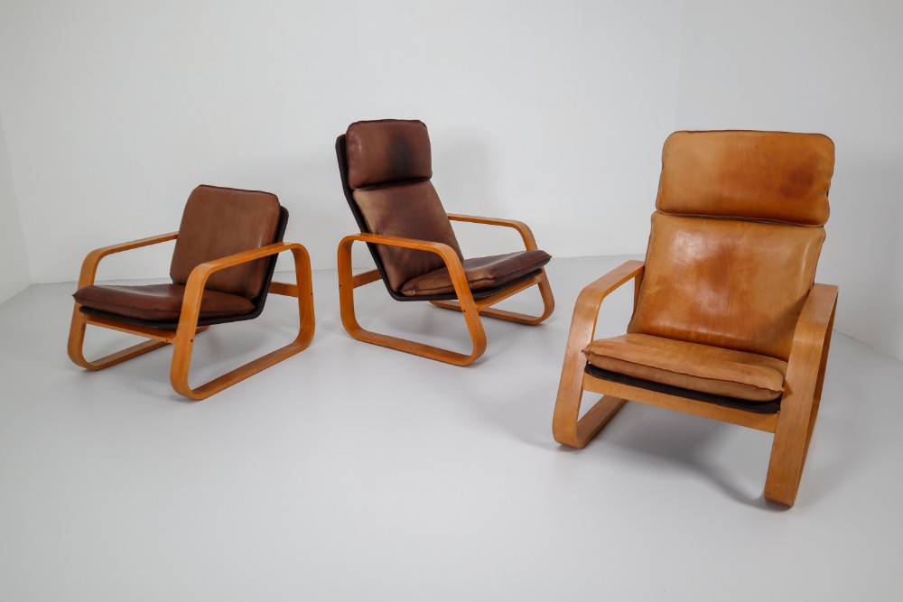 Mid century modern Leather Set of Three Lounge Chairs, Patinated Leather and Bentwood, France, 1970s Mid-20th century