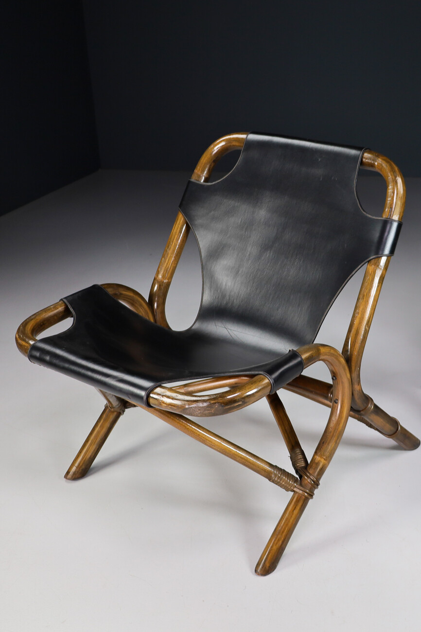 Mid century modern Leather Sling Back Black Leather and Bamboo Chair, Spain 1960s Mid-20th century
