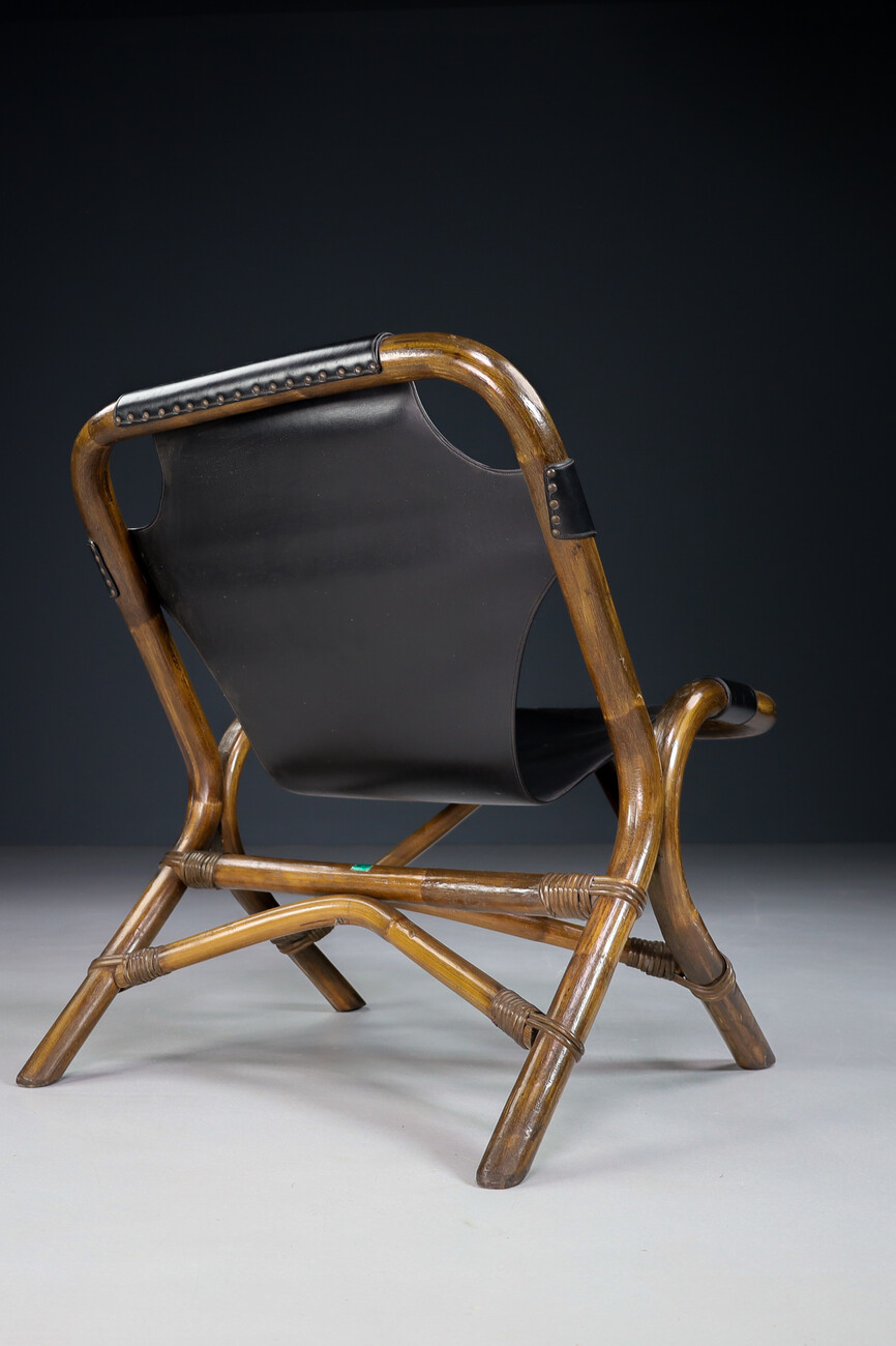 Mid century modern Leather Sling Back Black Leather and Bamboo Chair, Spain 1960s Mid-20th century