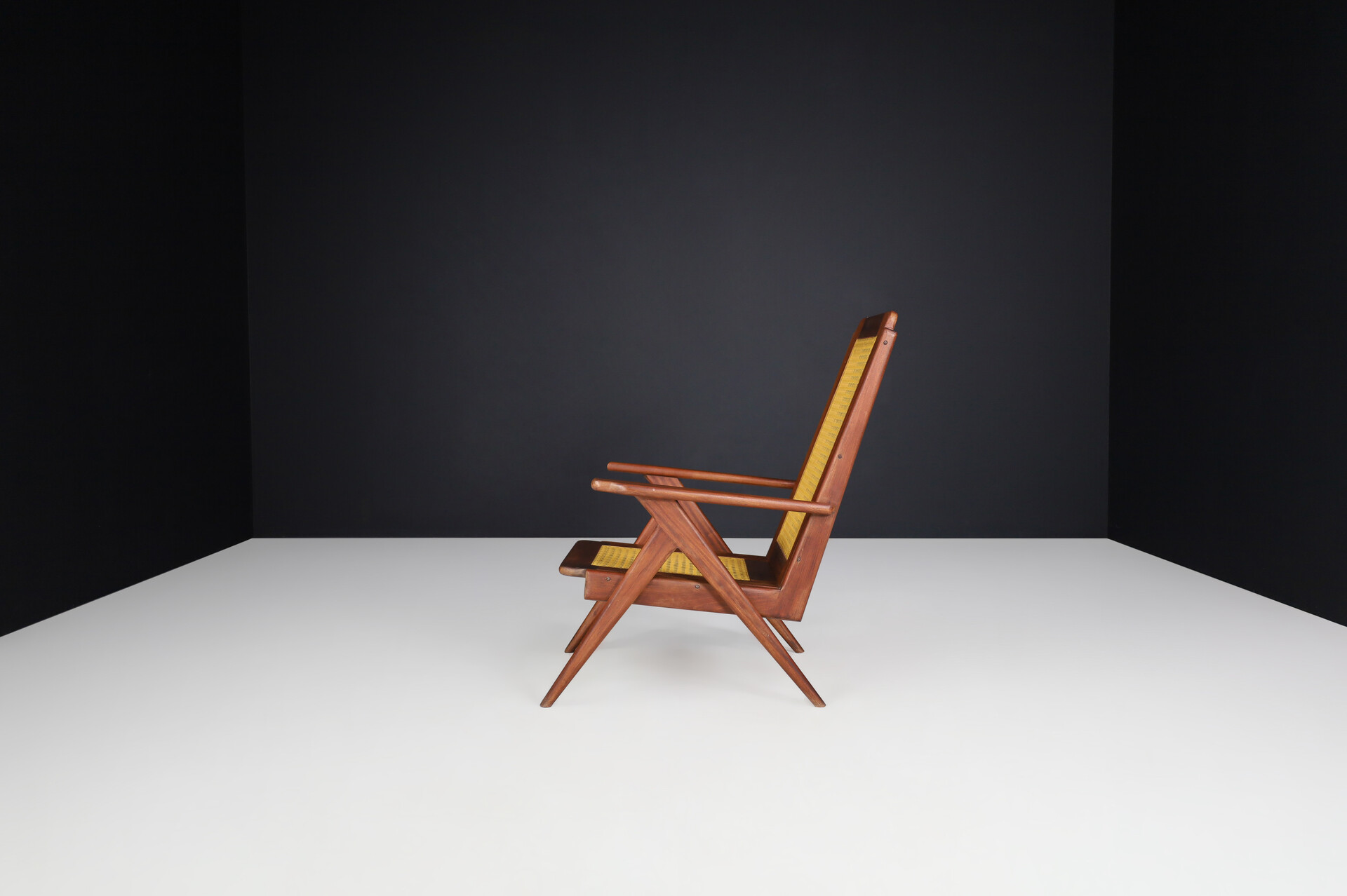 Mid century modern Lounge Chairs with mahogany Structure and Webbing in the style of Pierre Jeanneret , France, 1950s Mid-20th century