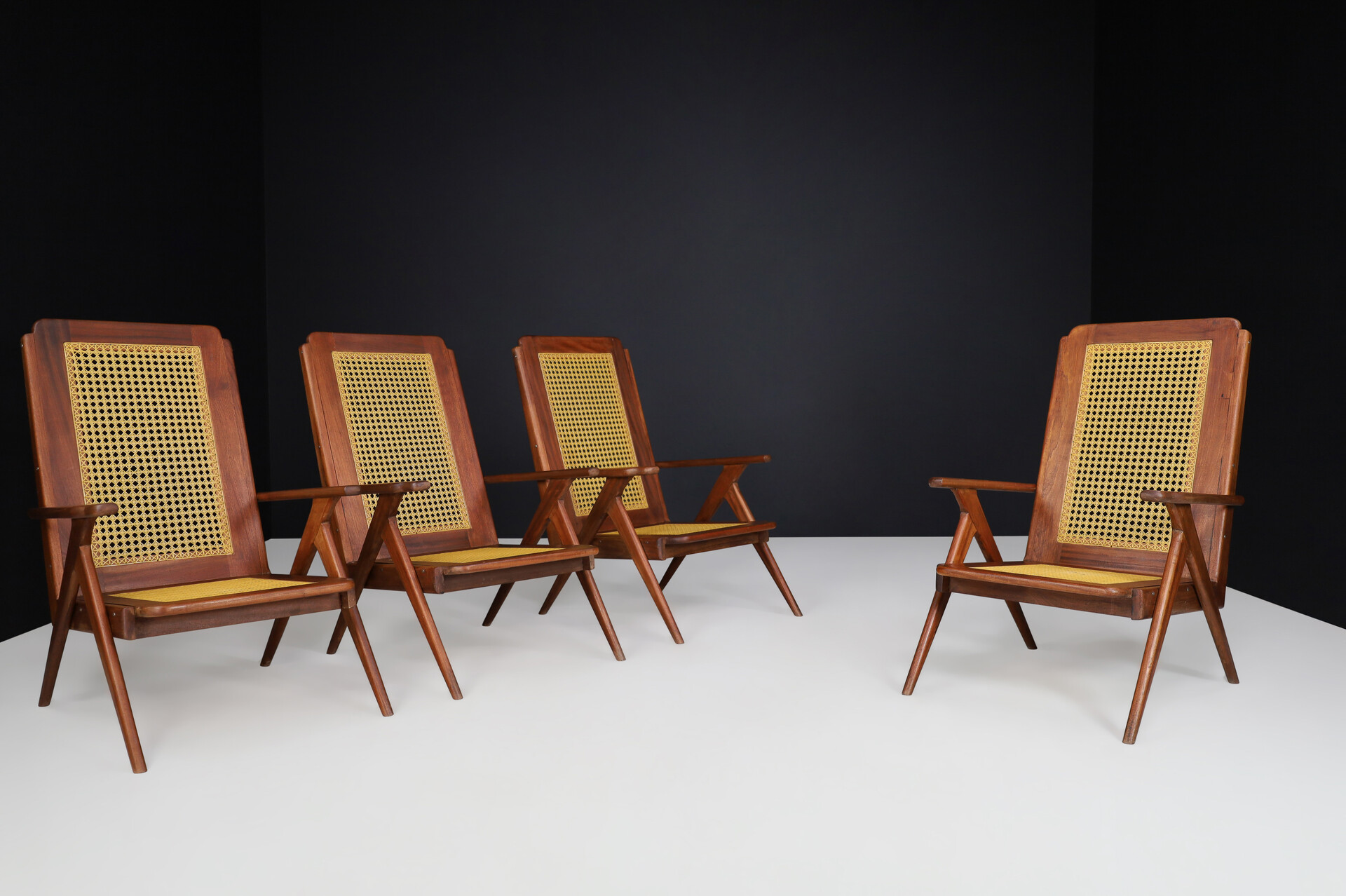 Mid century modern Lounge Chairs with mahogany Structure and Webbing in the style of Pierre Jeanneret , France, 1950s Mid-20th century