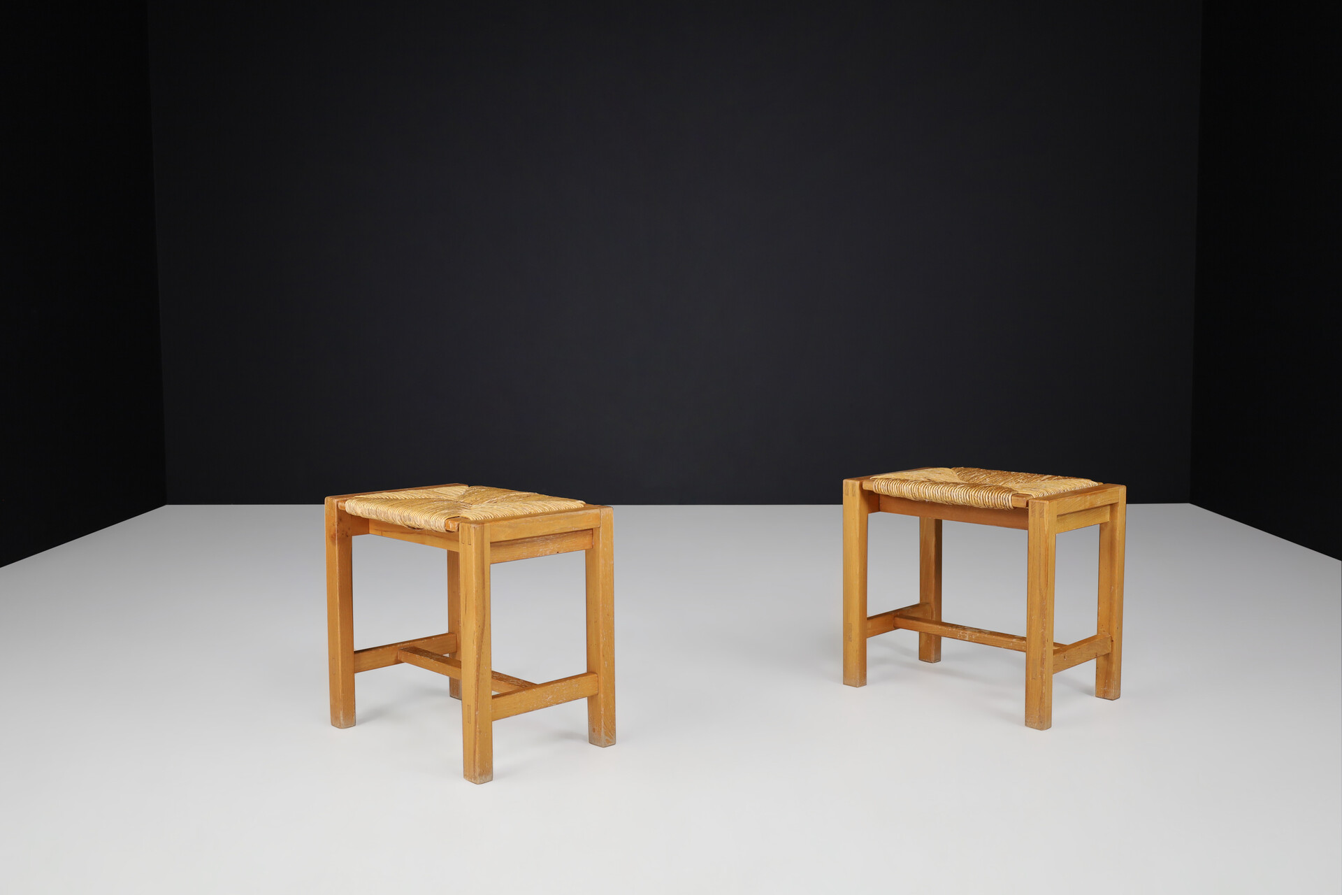 Mid century modern Maison Regain style stools in elm and rush, France 1970s Late-20th century