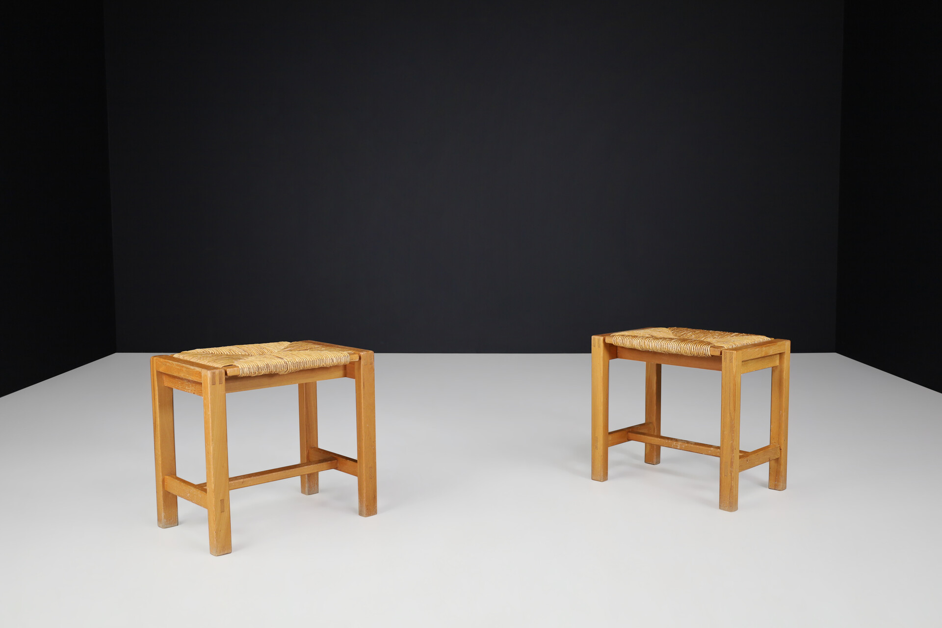 Mid century modern Maison Regain style stools in elm and rush, France 1970s Late-20th century