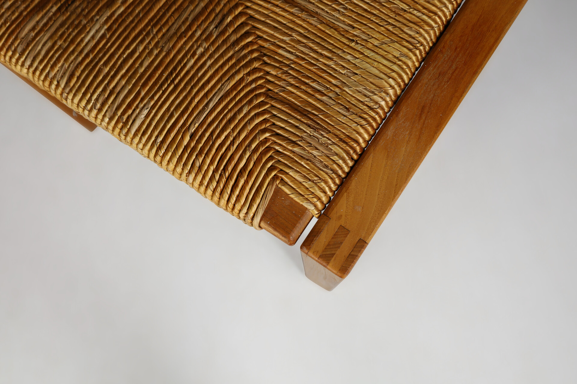 Mid century modern Maison Regain style stools in elm and rush, France 1970s Late-20th century