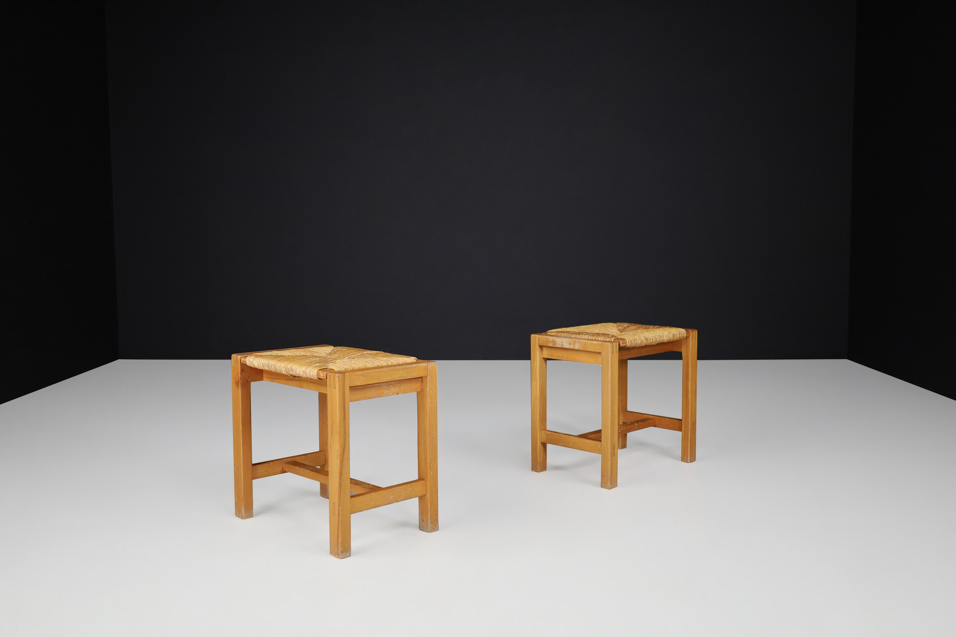 Mid century modern Maison Regain style stools in elm and rush, France 1970s Late-20th century