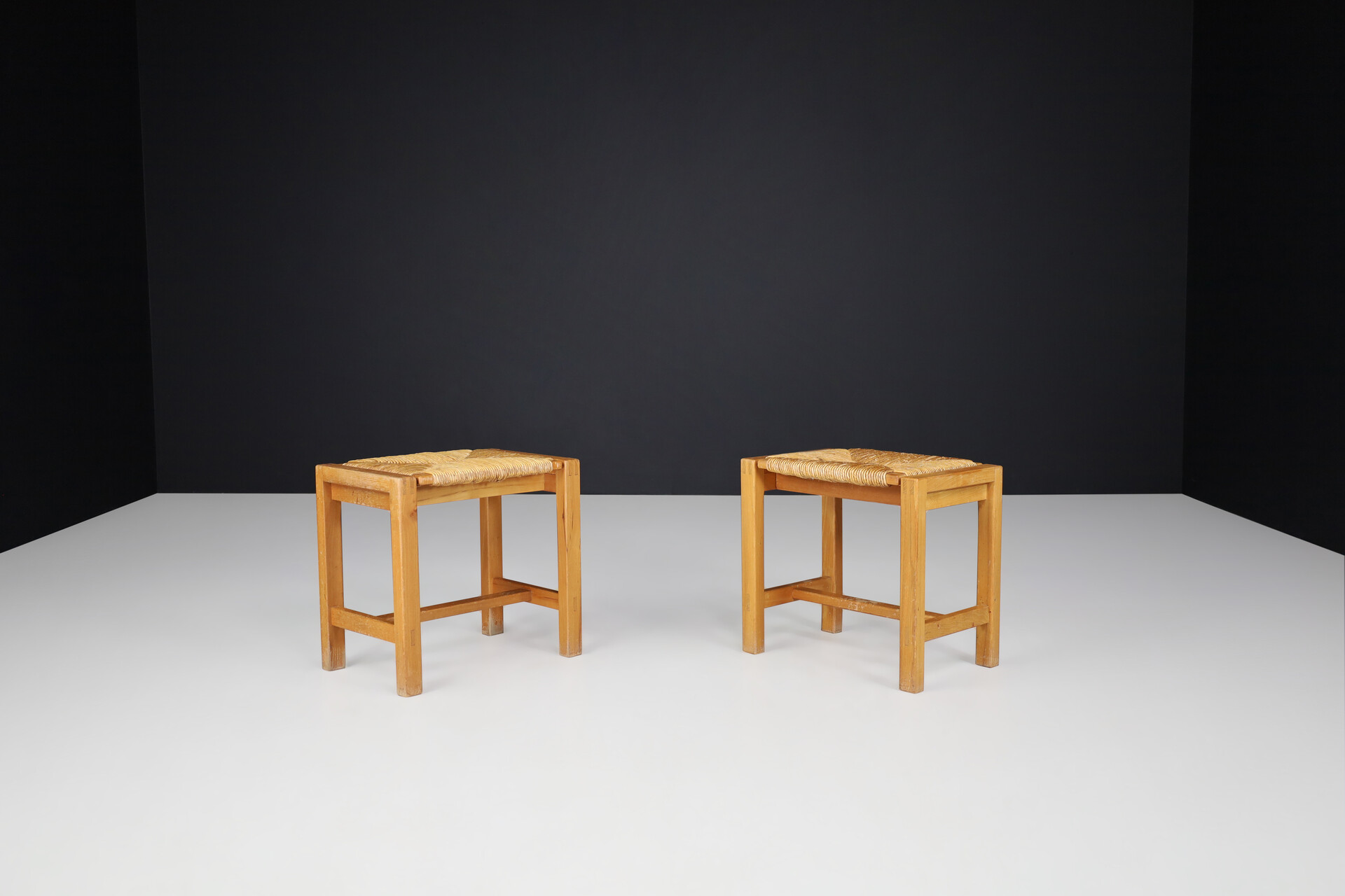 Mid century modern Maison Regain style stools in elm and rush, France 1970s Late-20th century