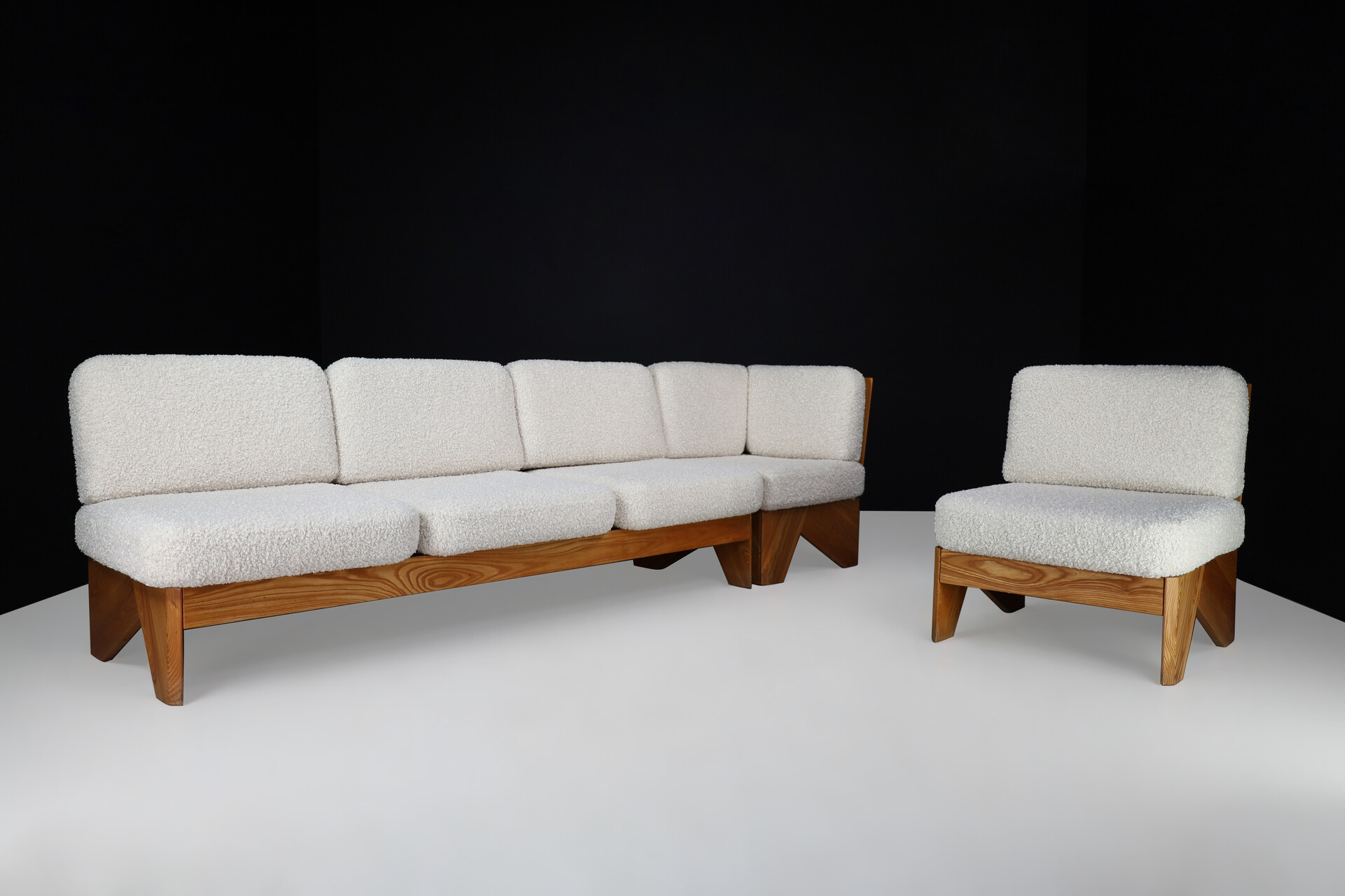 Mid century modern Modular seating group / sofa in Elmwood and new bouclé upholstery , France 1970s Late-20th century