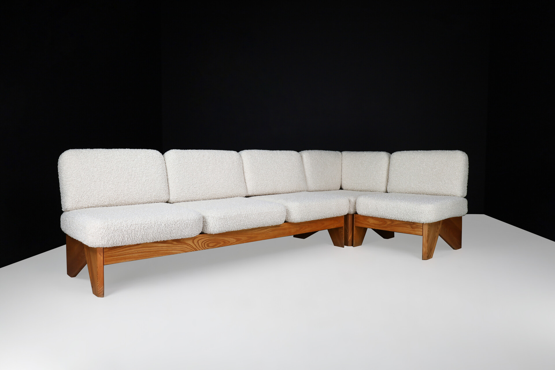 Mid century modern Modular seating group / sofa in Elmwood and new bouclé upholstery , France 1970s Late-20th century