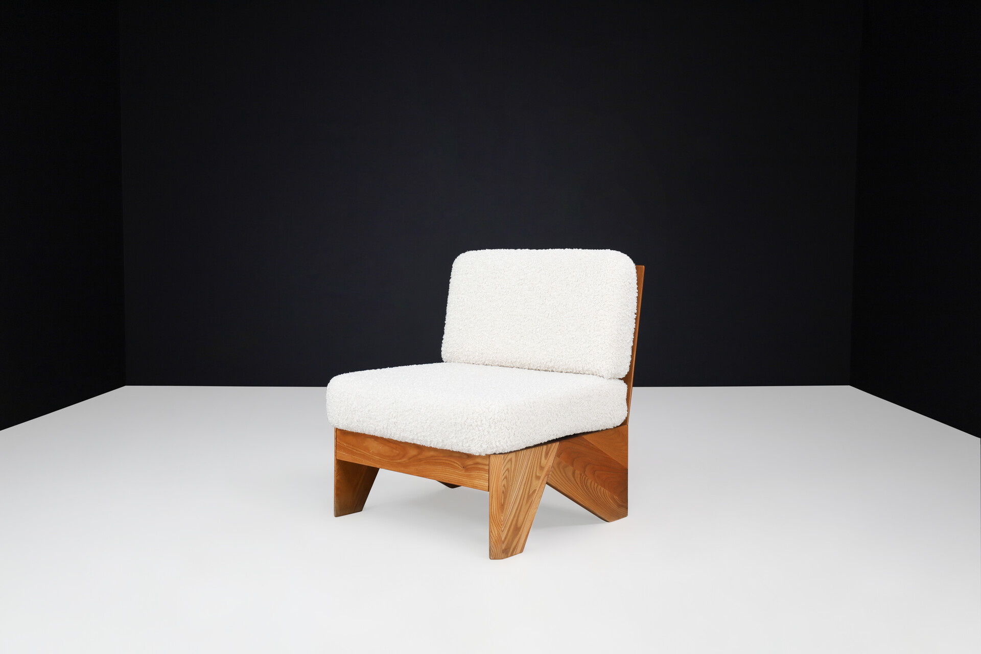 Mid century modern Modular seating group / sofa in Elmwood and new bouclé upholstery , France 1970s Late-20th century