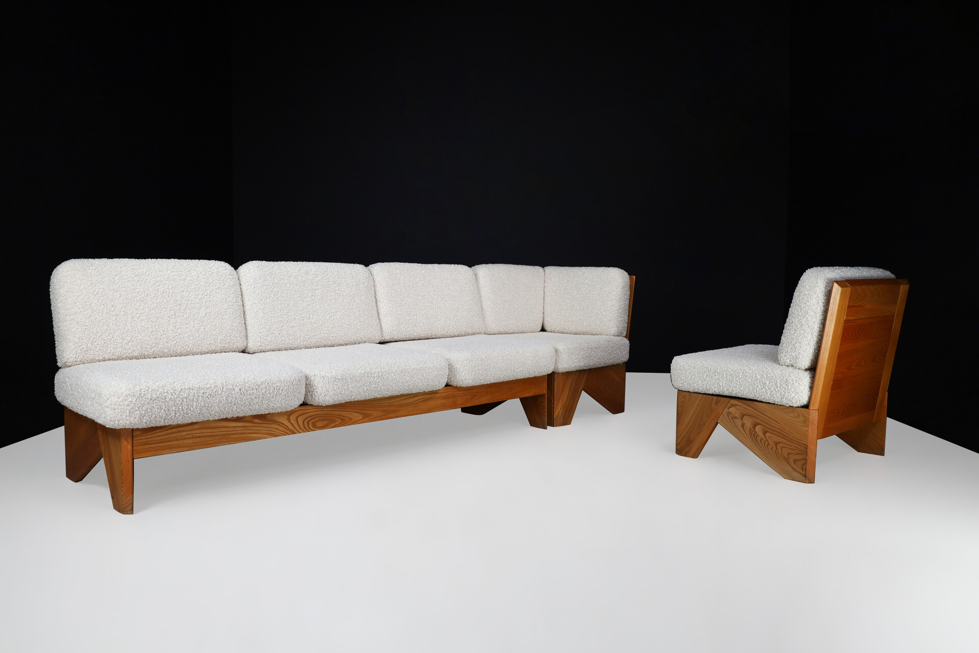Mid century modern Modular seating group / sofa in Elmwood and new bouclé upholstery , France 1970s Late-20th century