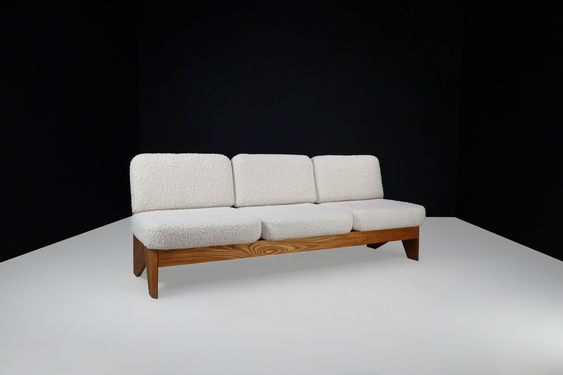 Mid century modern Modular seating group / sofa in Elmwood and new bouclé upholstery , France 1970s Late-20th century