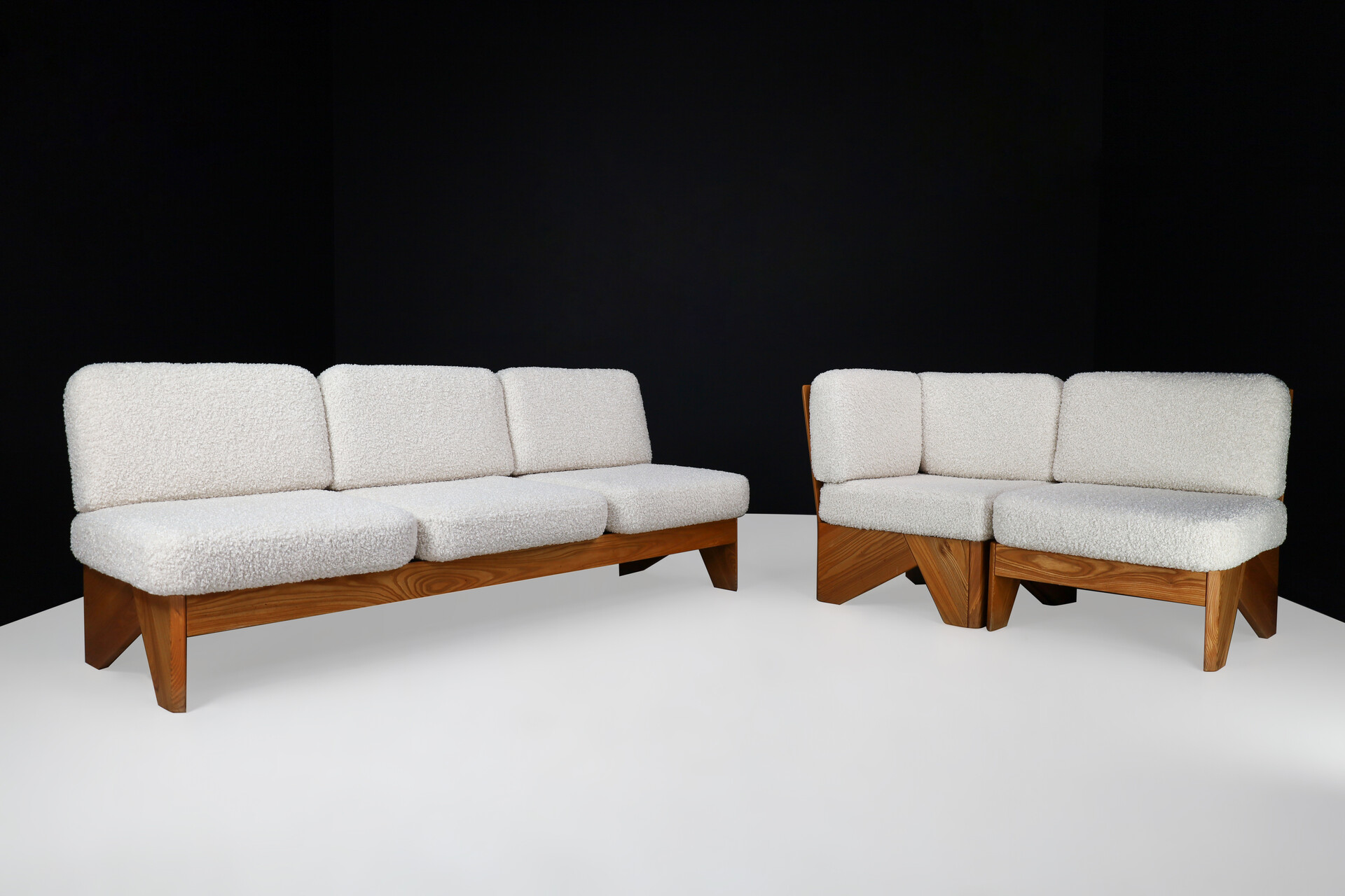 Mid century modern Modular seating group / sofa in Elmwood and new bouclé upholstery , France 1970s Late-20th century