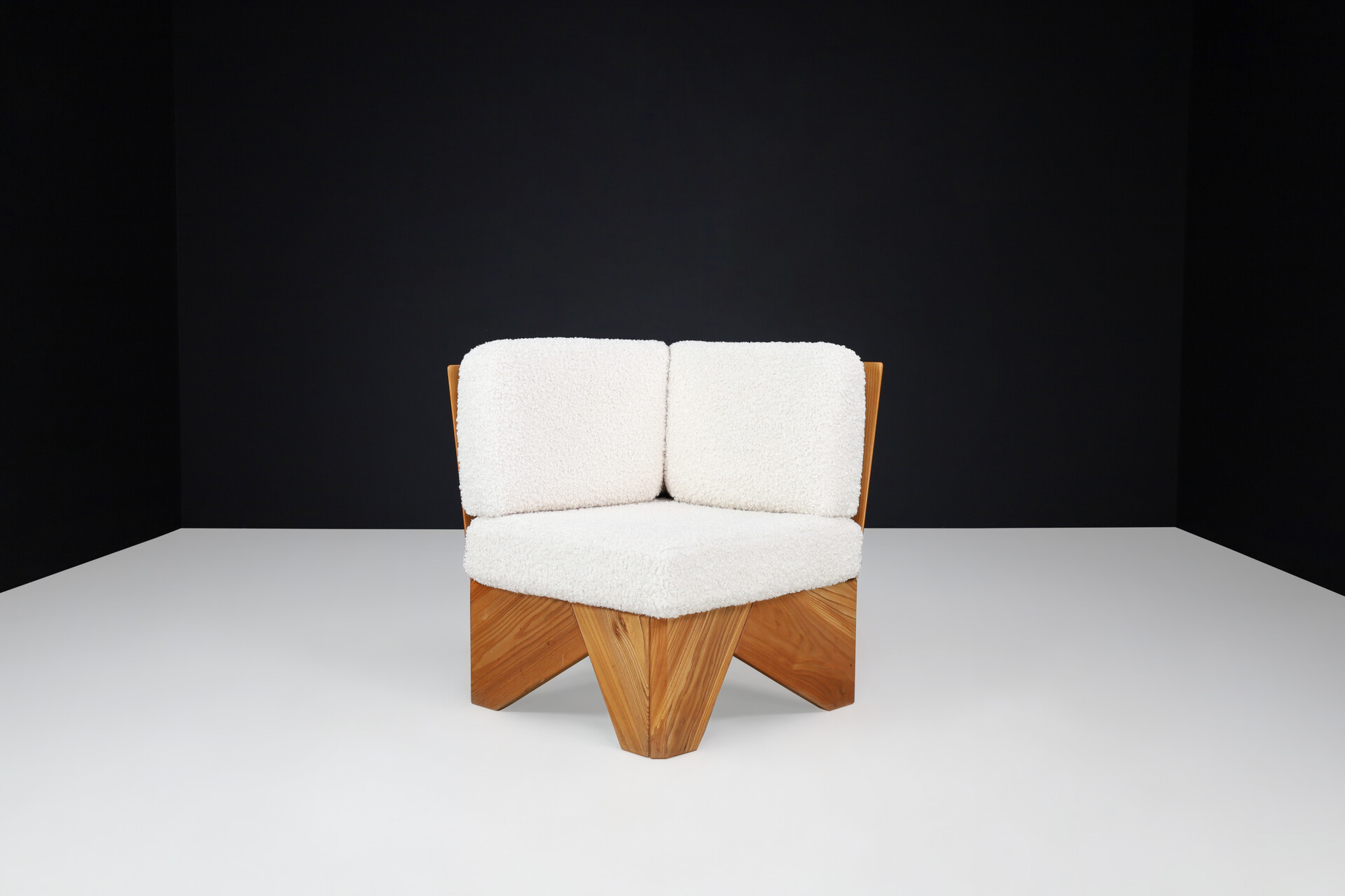 Mid century modern Modular seating group / sofa in Elmwood and new bouclé upholstery , France 1970s Late-20th century