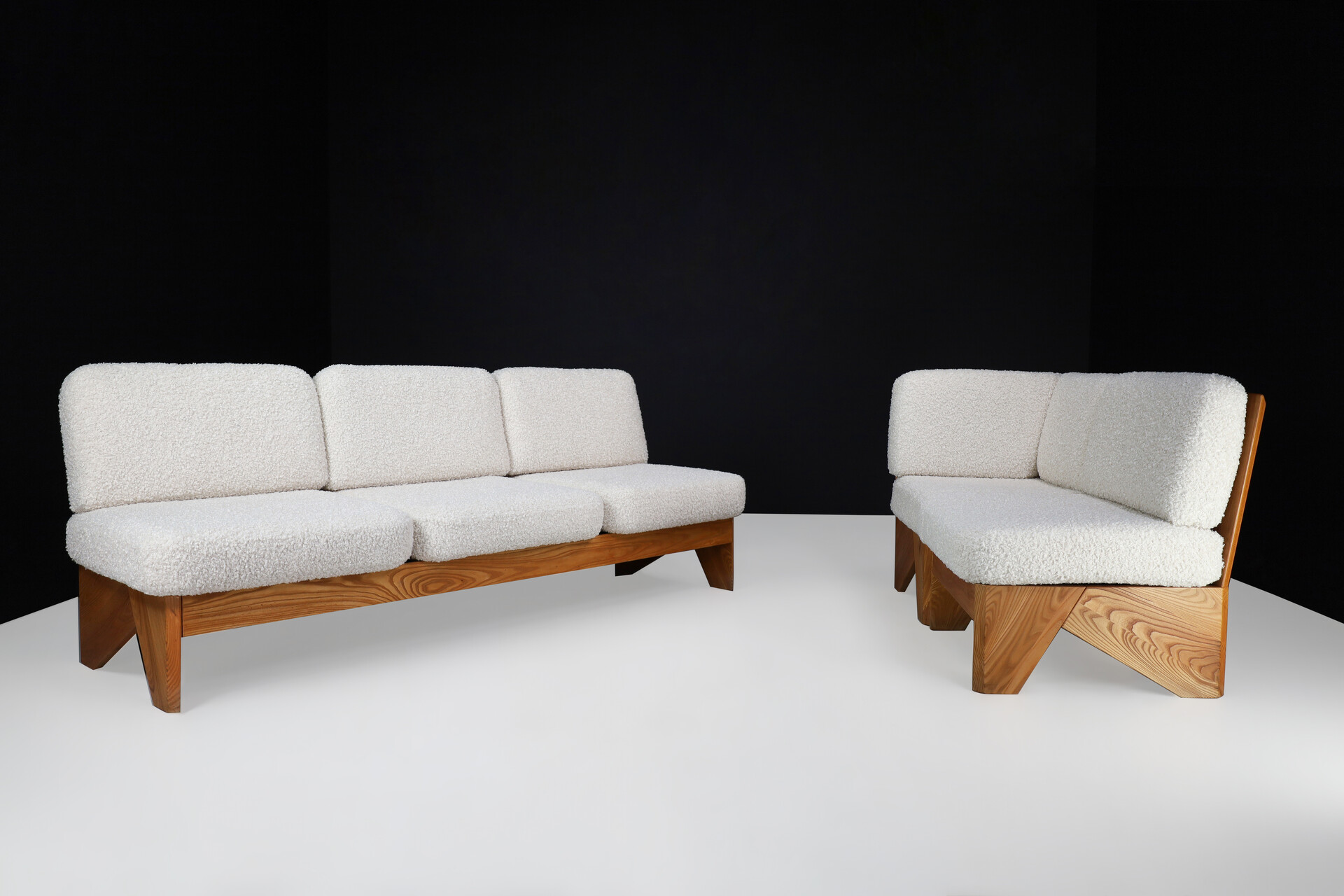 Mid century modern Modular seating group / sofa in Elmwood and new bouclé upholstery , France 1970s Late-20th century