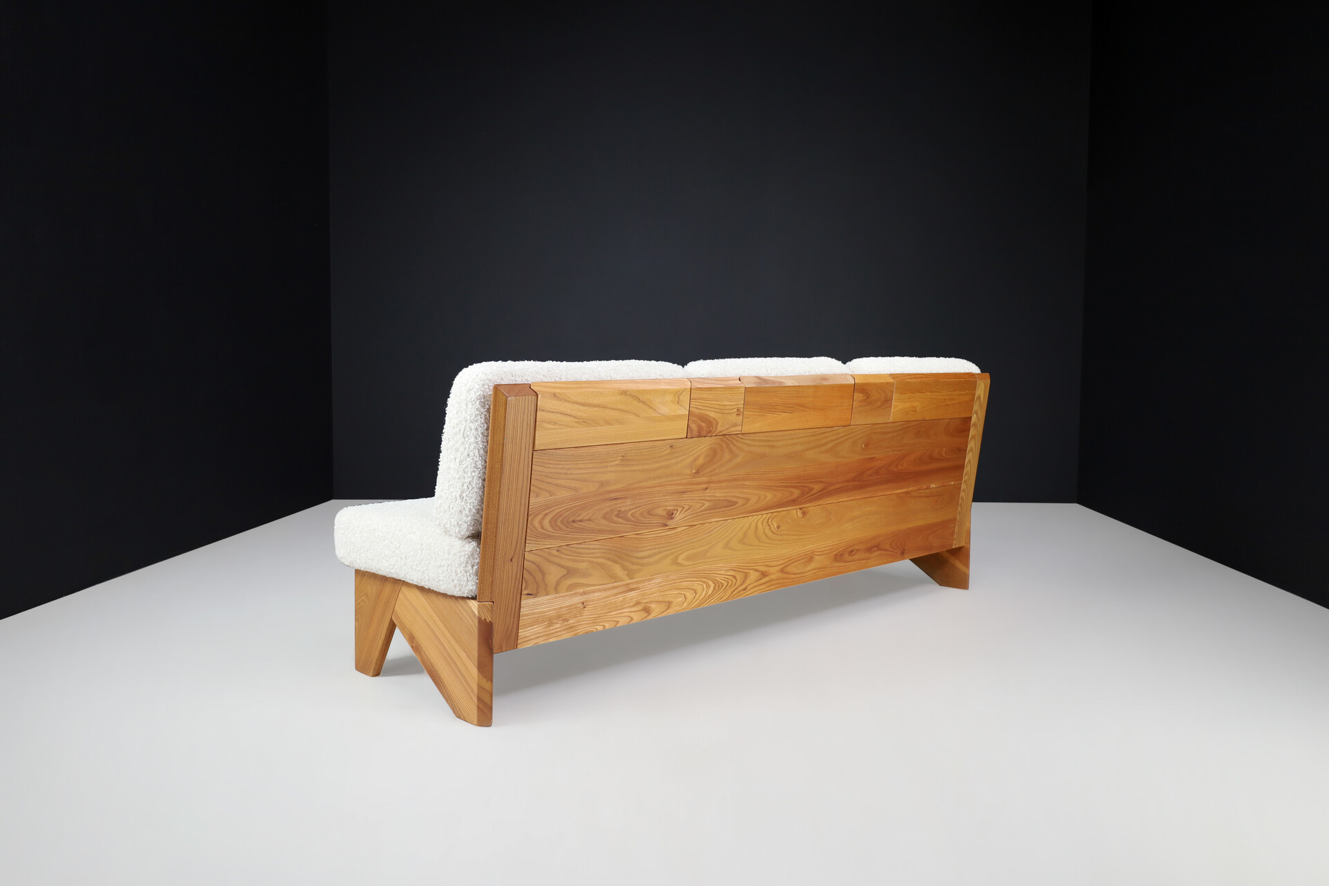 Mid century modern Modular seating group / sofa in Elmwood and new bouclé upholstery , France 1970s Late-20th century