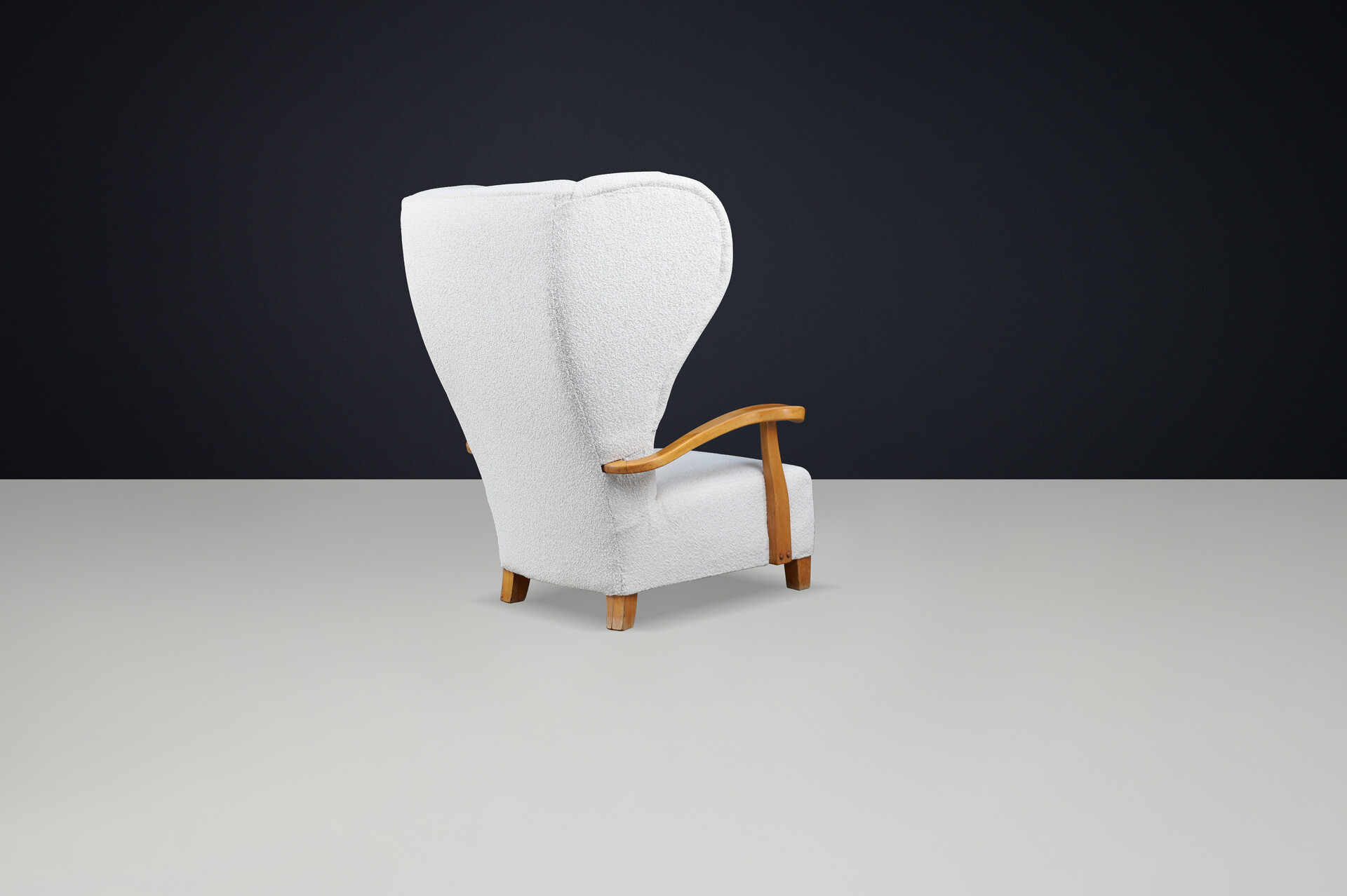 Mid century modern Monumental 1930s French Wingback Armchair in Ivory Bouclé with Sculpted Frame Mid-20th century