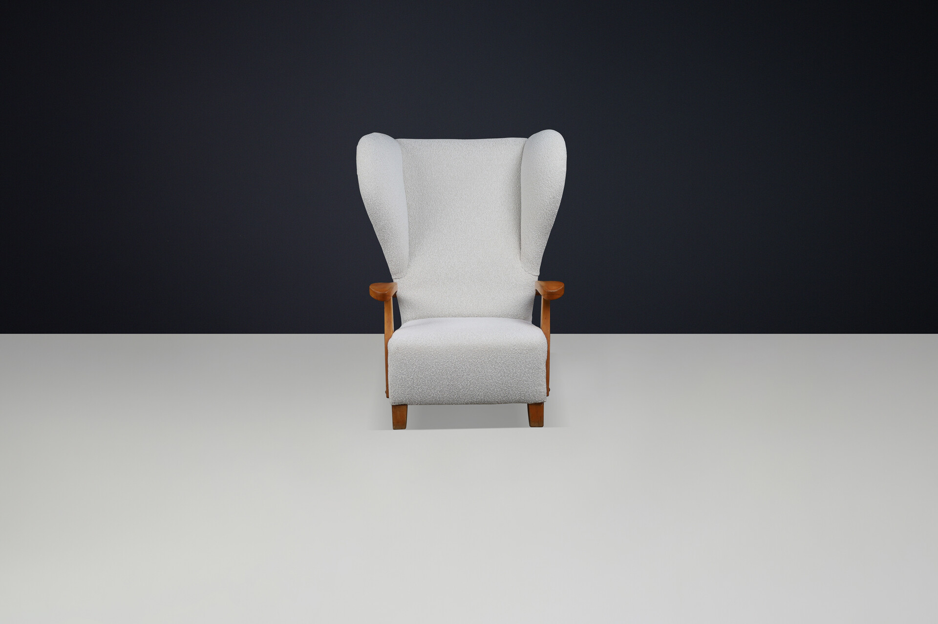 Mid century modern Monumental 1930s French Wingback Armchair in Ivory Bouclé with Sculpted Frame Mid-20th century