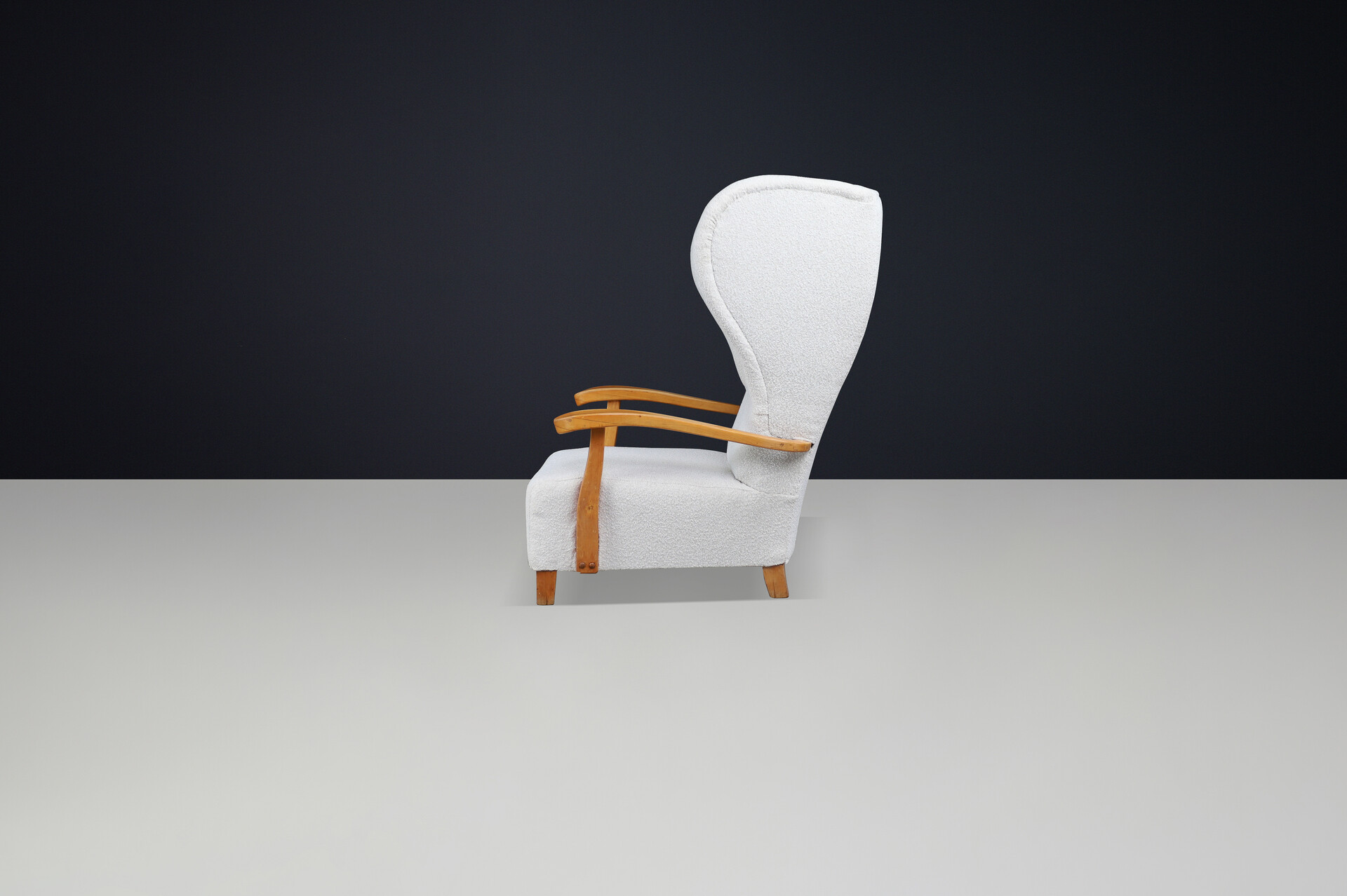 Mid century modern Monumental 1930s French Wingback Armchair in Ivory Bouclé with Sculpted Frame Mid-20th century