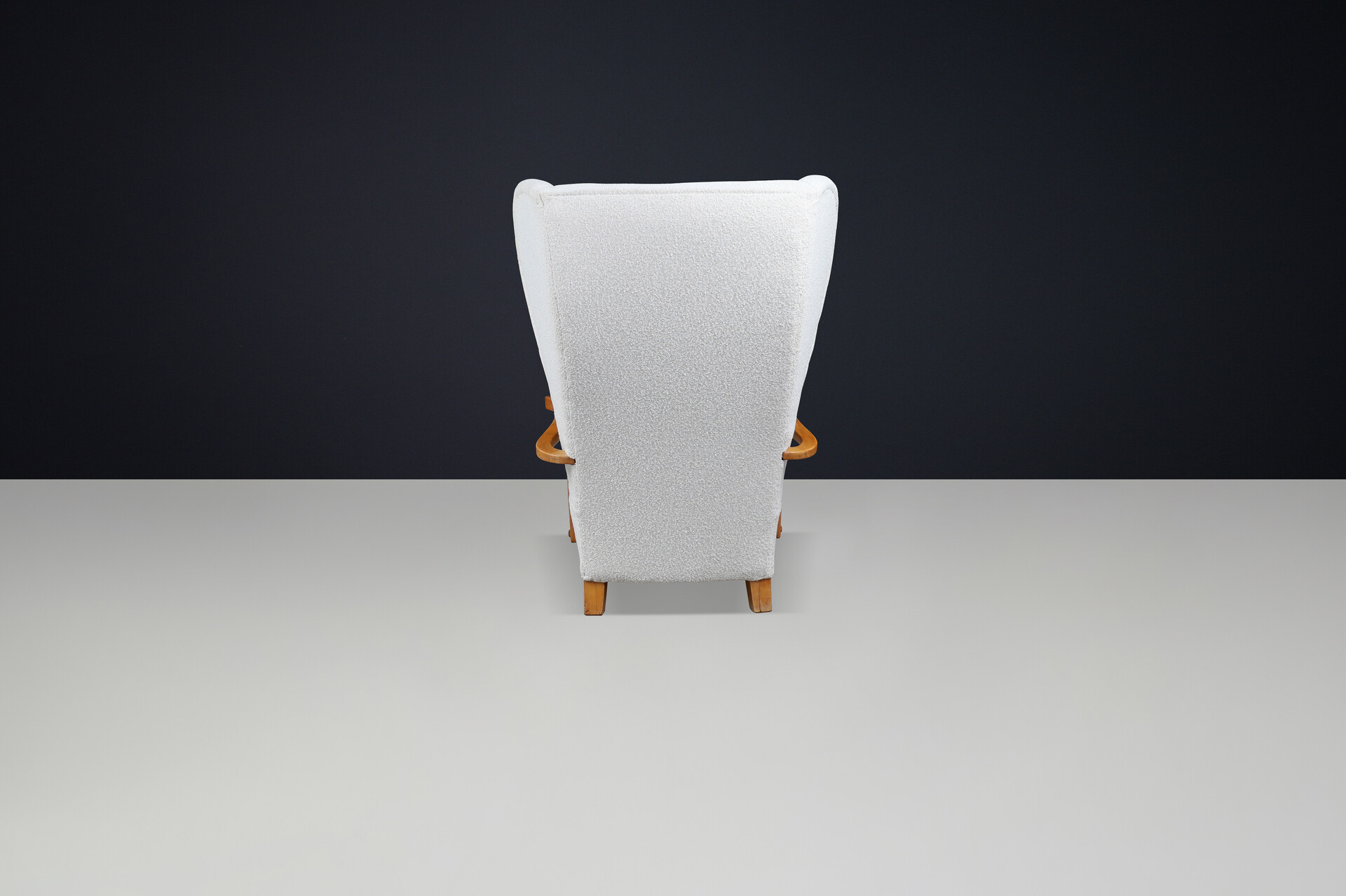 Mid century modern Monumental 1930s French Wingback Armchair in Ivory Bouclé with Sculpted Frame Mid-20th century