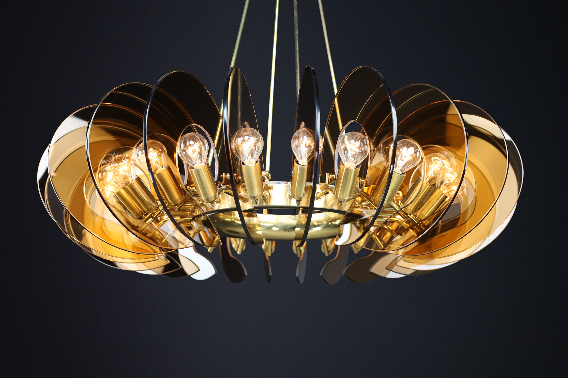Mid century modern Monumental Brass & Smoked Glass Chandelier by Gino Paroldo, Italy, 1970s Late-20th century