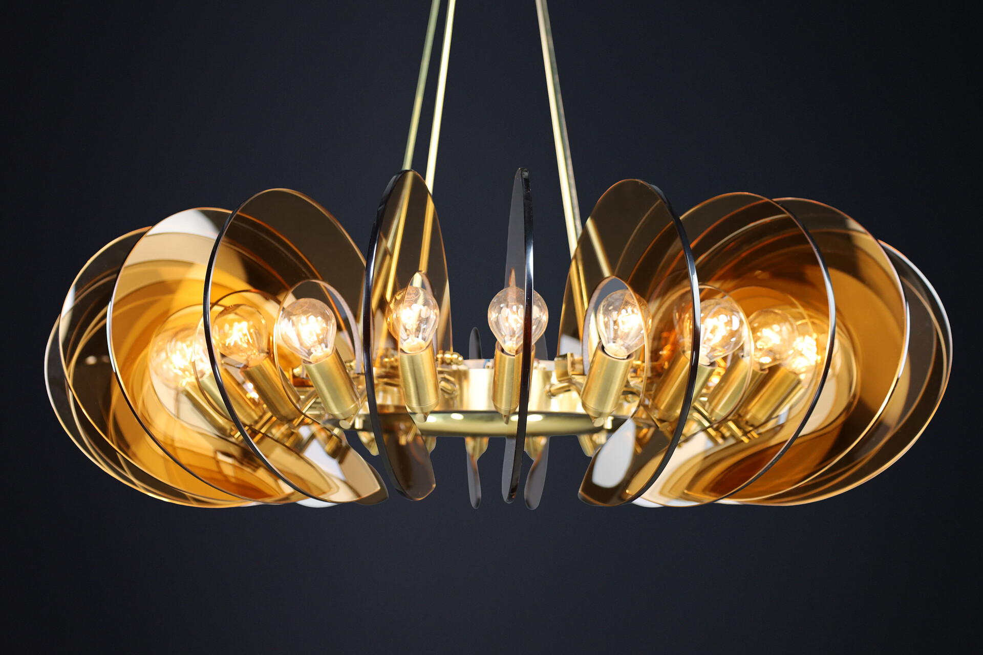 Mid century modern Monumental Brass & Smoked Glass Chandelier by Gino Paroldo, Italy, 1970s Late-20th century