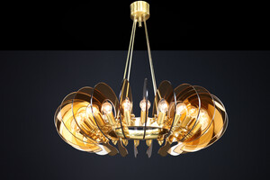 Mid century modern Monumental Brass & Smoked Glass Chandelier by Gino Paroldo, Italy, 1970s Late-20th century