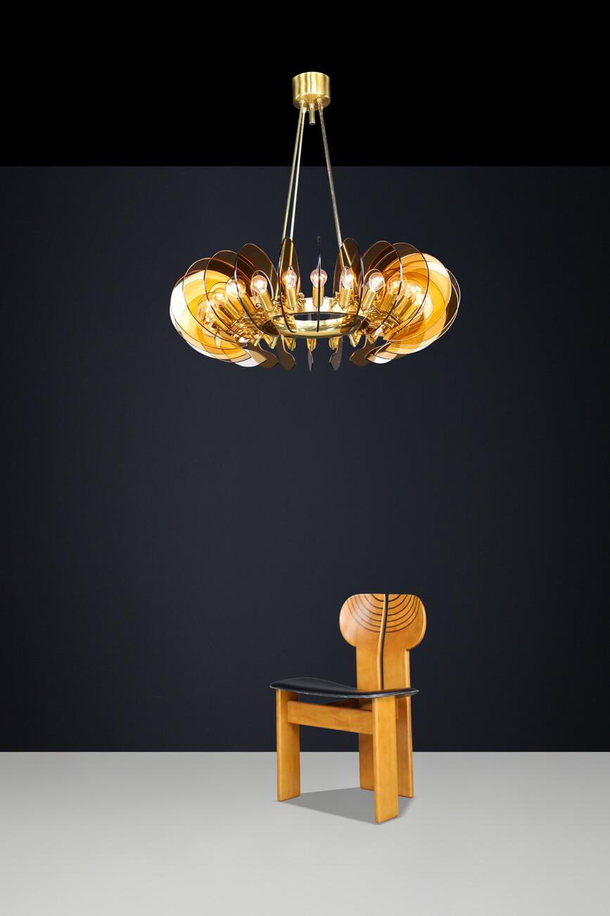 Mid century modern Monumental Brass & Smoked Glass Chandelier by Gino Paroldo, Italy, 1970s Late-20th century