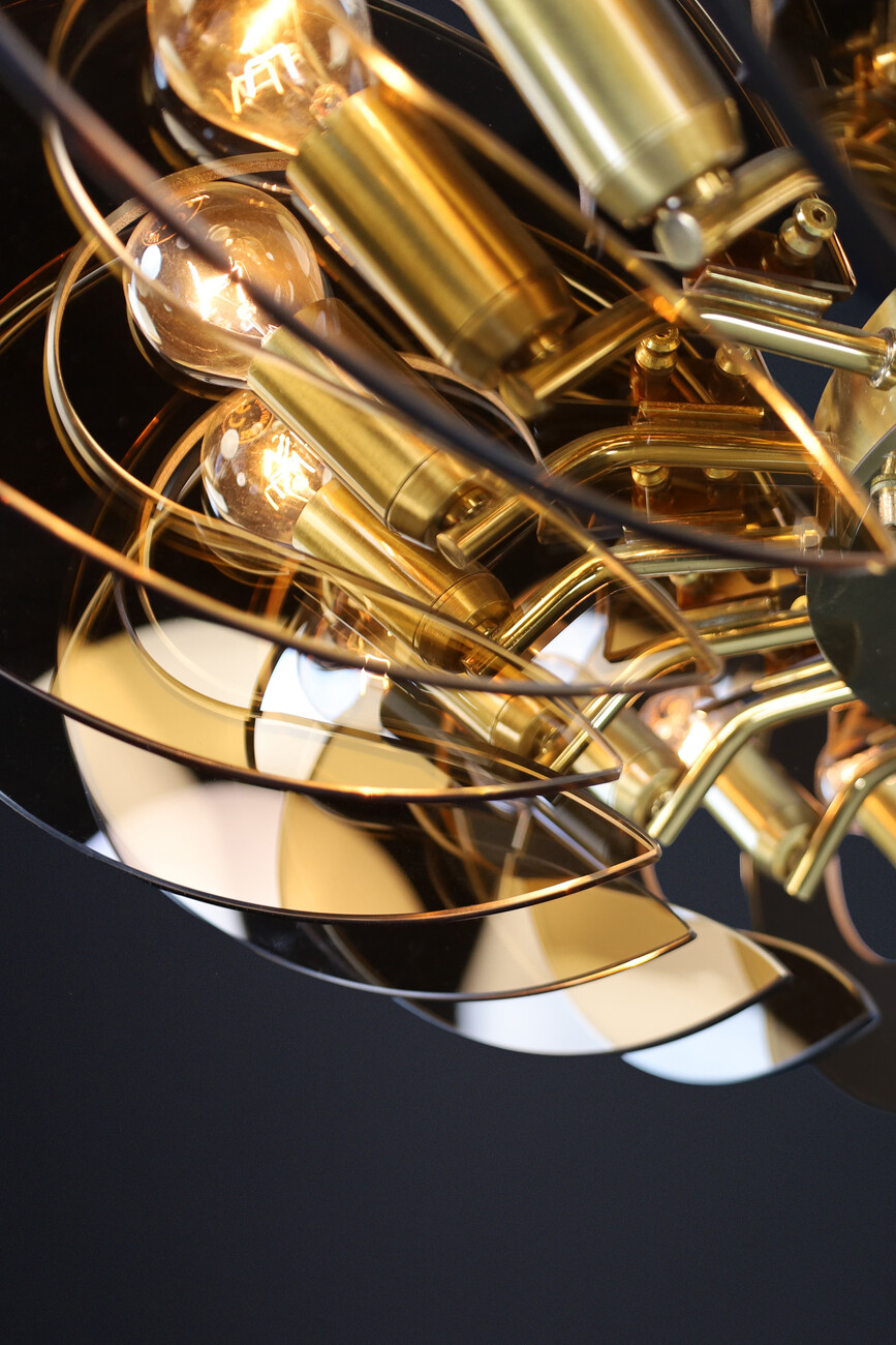 Mid century modern Monumental Brass & Smoked Glass Chandelier by Gino Paroldo, Italy, 1970s Late-20th century