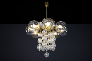 Mid century modern Monumental Czech Brass & Bohemian Glass Chandelier 1960s Mid-20th century