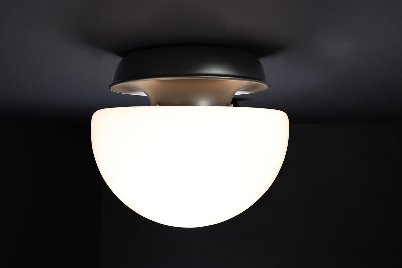 Mid century modern Mushroom Opaline Glass & Metal flush mount / sconces / desk, Otaly 1960s lamp Mid-20th century