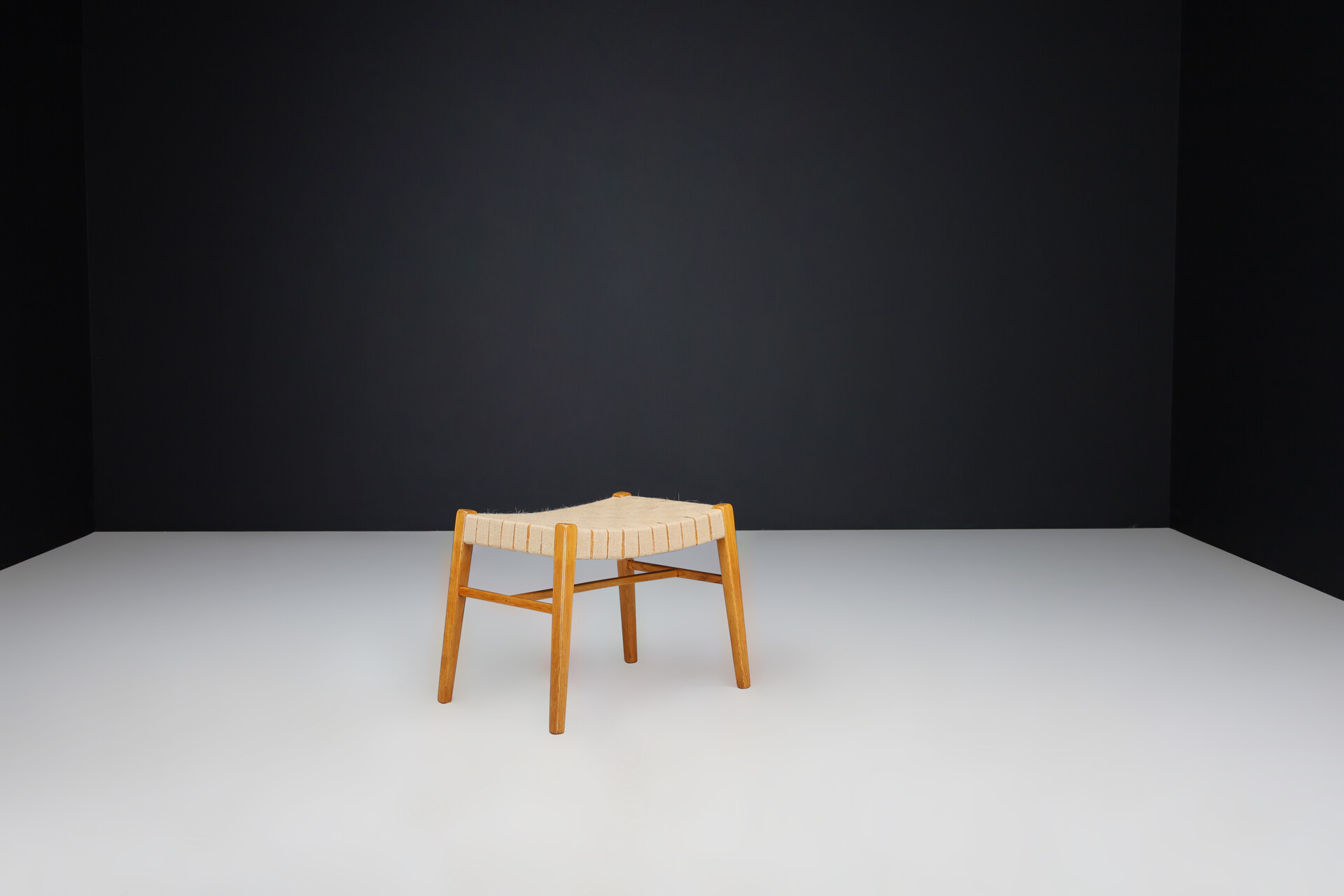 Mid century modern Oak and canvas stool by Jan Vanek, Praque 1940s Mid-20th century