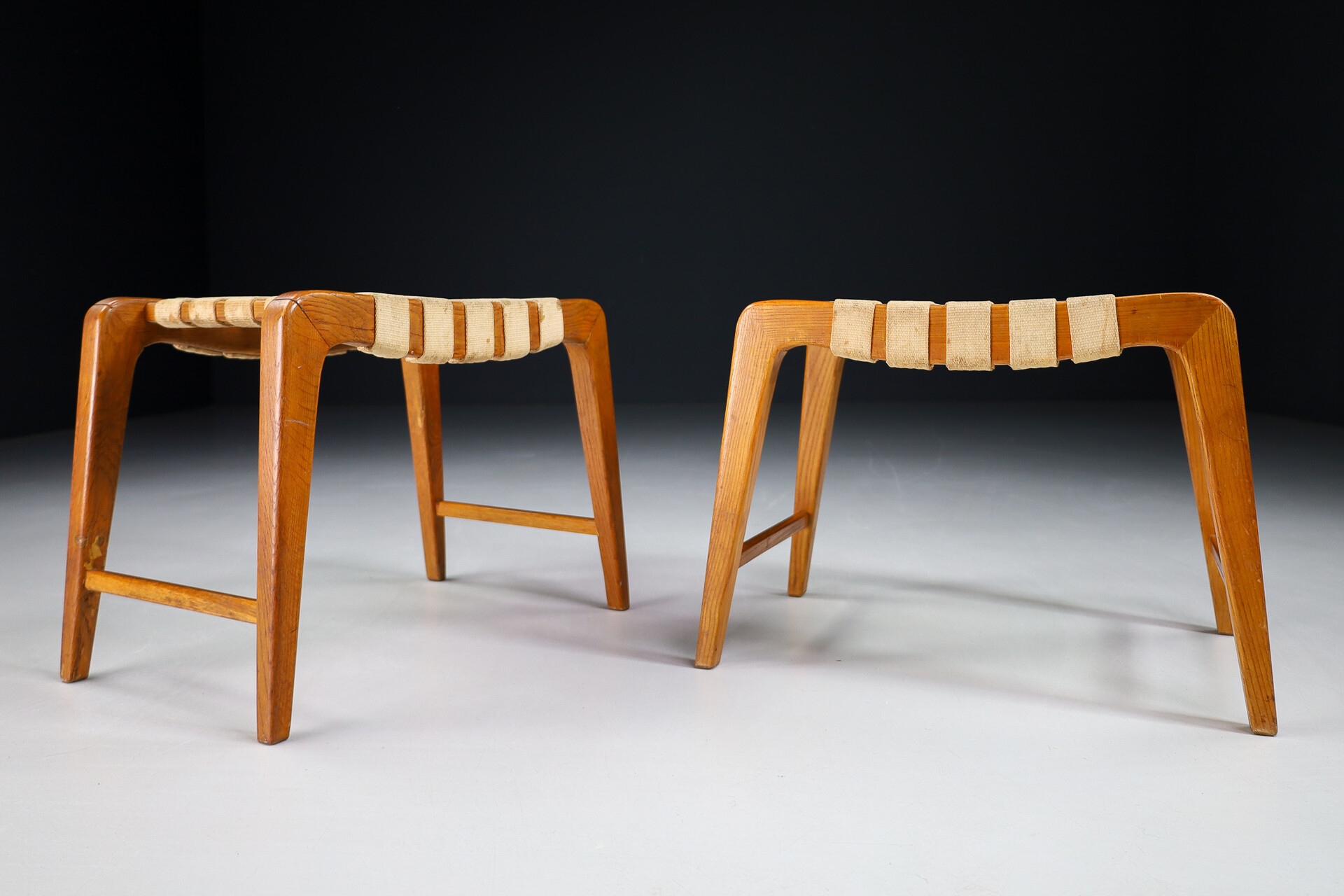 Mid century modern Oak and canvas stools by Jan Vanek, Praque 1950s Mid-20th century