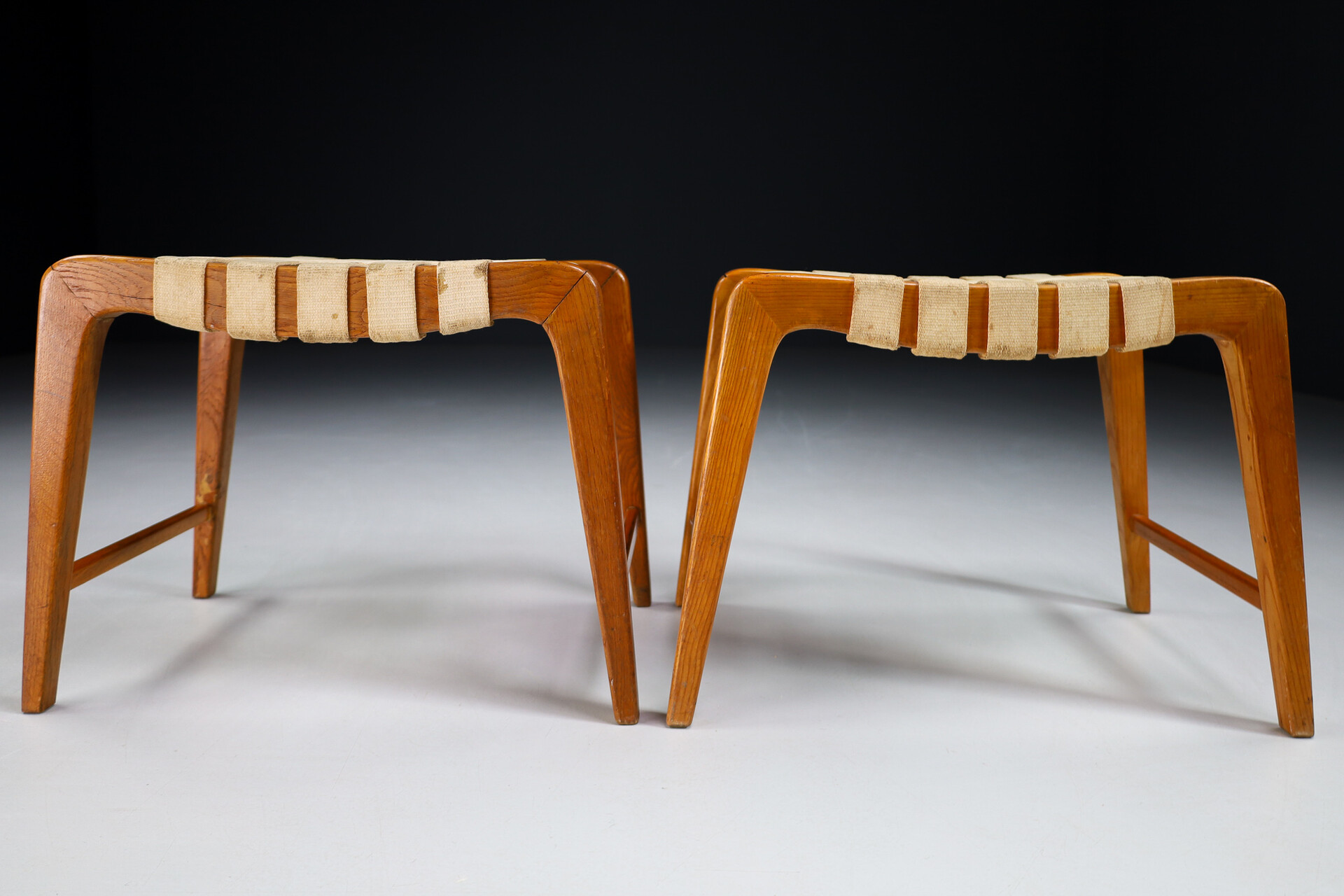 Mid century modern Oak and canvas stools by Jan Vanek, Praque 1950s Mid-20th century
