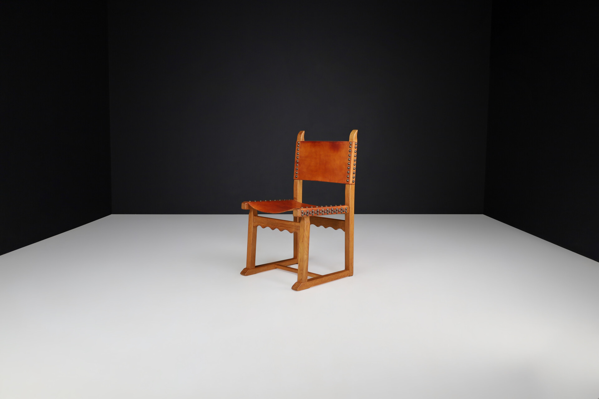 Mid century modern Oak and Cognac Leather Dining Chairs, France 1960s Mid-20th century